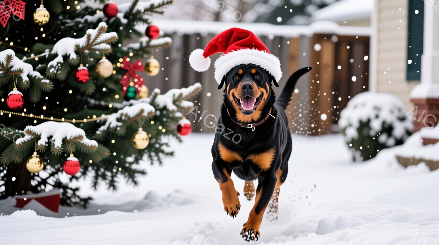 黒い毛並みで、赤いサンタ帽をかぶったドーベルマンが雪の上を走り出しています。背景にはクリスマスツリーが飾られ、雪が舞う冬の風景が広がっています。犬は笑顔で、喜びと興奮に満ちた活発な姿を捉えています。 - AI生成フリー素材