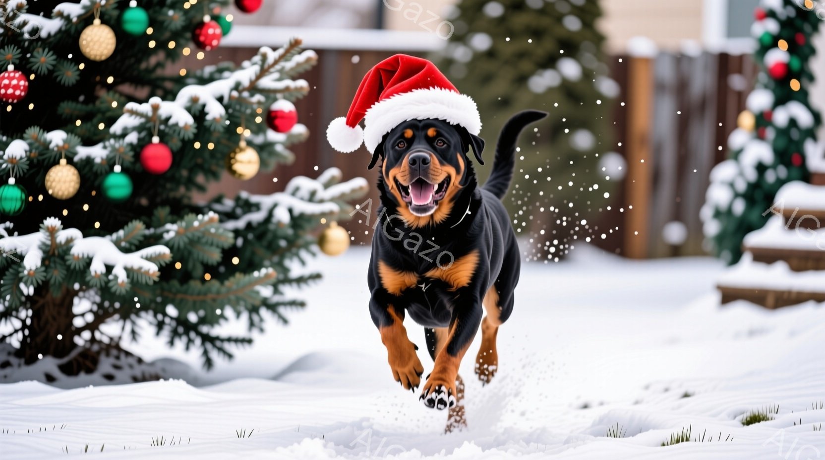 黒と焦げ茶色の毛並みを持つ犬が、頭に赤いサンタの帽子をかぶって雪の中を走り、嬉しそうな表情をしています。背景にはクリスマスツリーが飾られ、雪が舞う冬の景色が広がっています。全体的に陽気で温かい、ホリデ - AI生成フリー素材