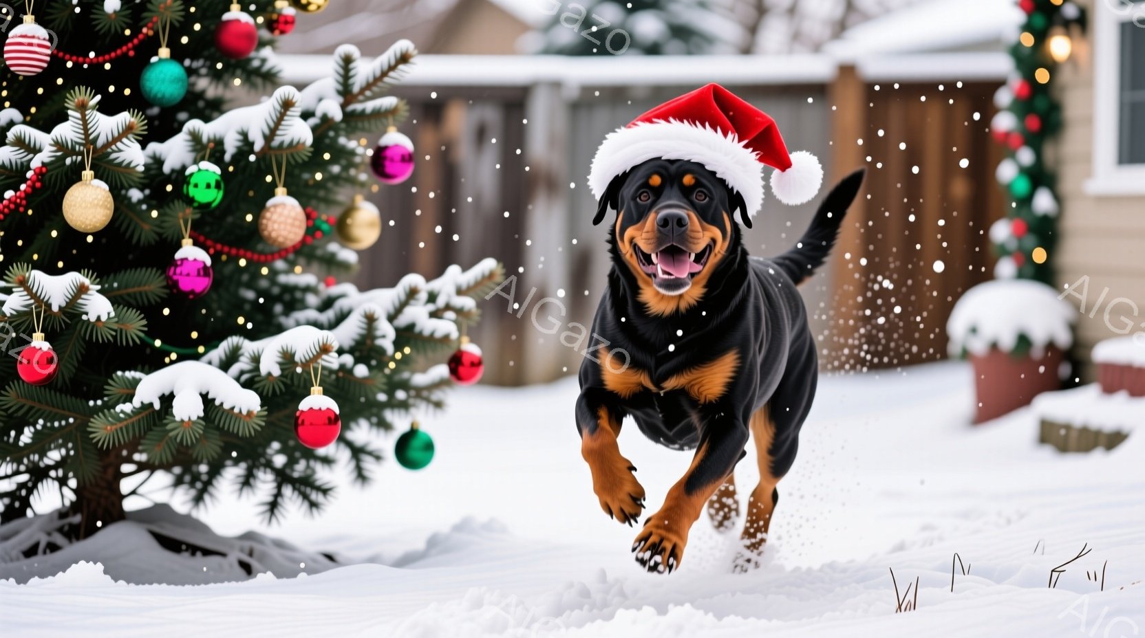 雪が降る庭で、サンタ帽をかぶった黒い犬が楽しそうに走っている。背景には雪で覆われたクリスマスツリーと、ぼんやりと見える家が見える。犬の表情は非常に幸せそうで、全体的に暖かく、お祝いムードに満ちた雰囲気 - AI生成フリー素材
