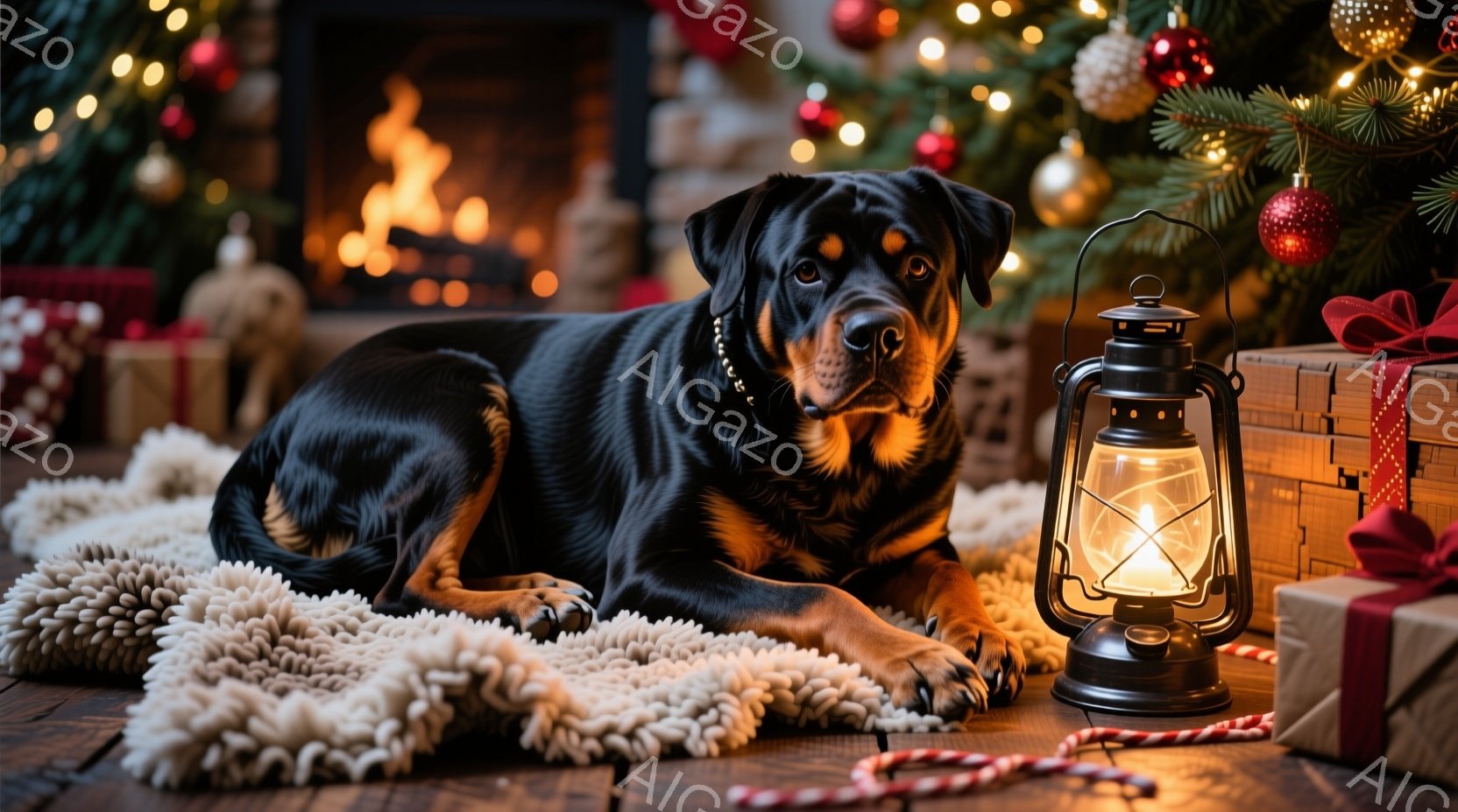暖炉の前には、毛並みの美しいローゼンハウンドが、ふわふわの白いラグの上に横たわっています。背景にはクリスマスツリーが飾られ、プレゼントやキャンドル、ケロシンランタンが暖かく照らし出されています。全体的 - AI生成フリー素材