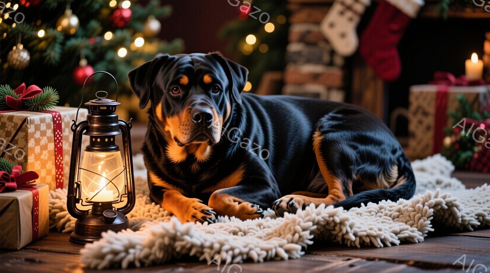 黒い毛並みのドーベルマンが、白いフワフワのラグの上に横たわっています。背景にはクリスマスツリーやプレゼントの箱が飾られ、暖炉の明かりとランタンの光が温かい雰囲気を演出しています。全体的に、穏やかで祝祭 - AI生成フリー素材