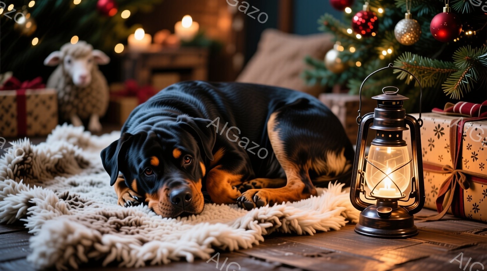 深い色のローワイゼン犬が、ふわふわの白い敷物の上で横たわっています。背景には、装飾されたクリスマスツリーと、プレゼントボックス、そして点灯したランタンが見え、暖かく心地よい雰囲気を醸し出しています。犬 - AI生成フリー素材