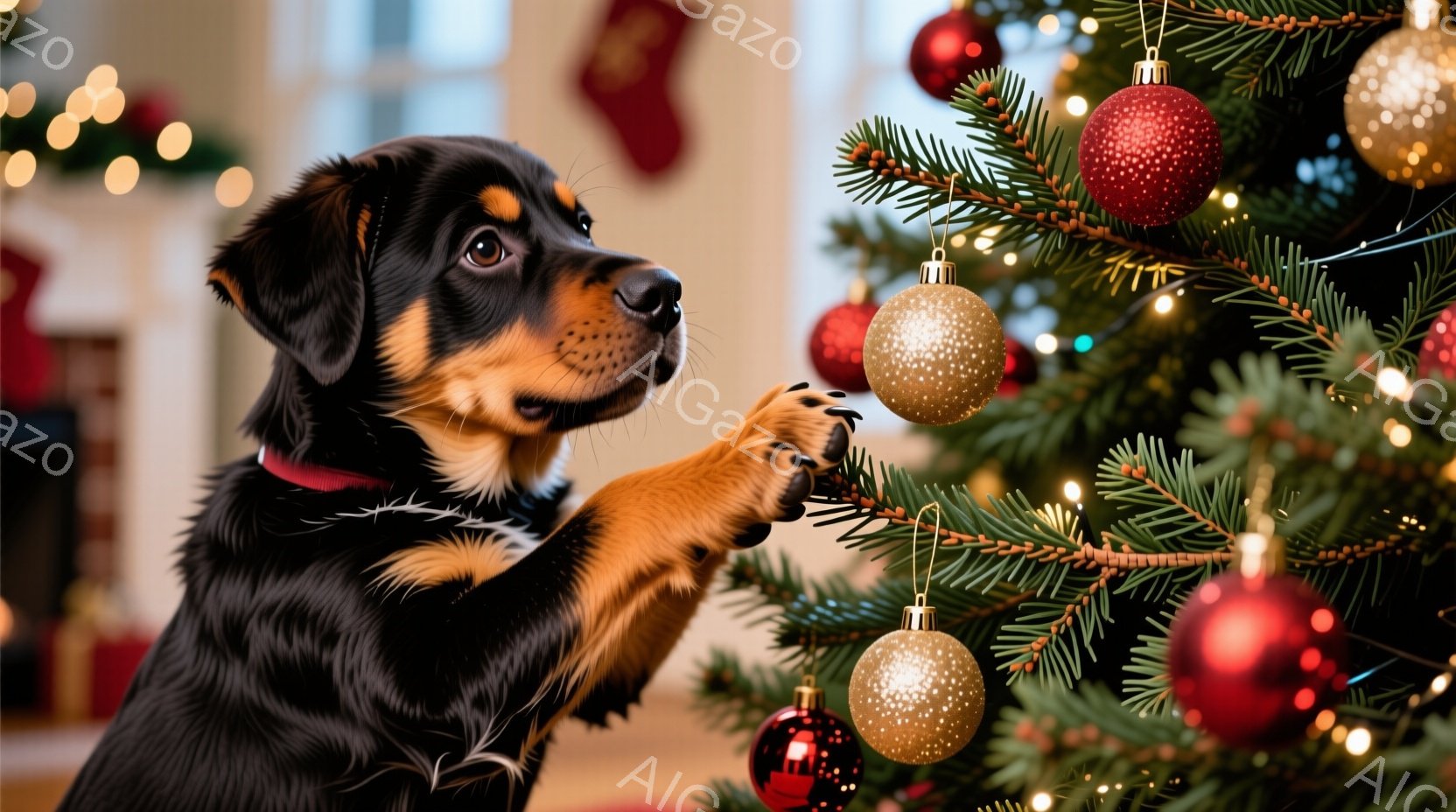 黒と茶色の毛並みの幼い犬が、クリスマスツリーの緑の枝に前足をかけて遊んでいます。ツリーには赤や金色のオーナメントが飾り付けられており、背景にはぼんやりと暖炉やクリスマスソックスが見えます。全体的に暖か - AI生成フリー素材