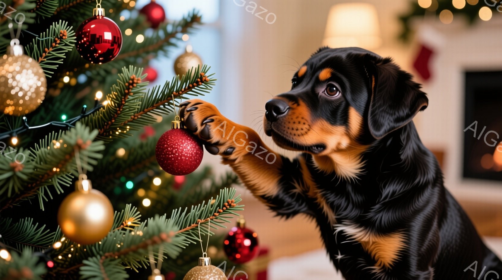 黒と茶色の毛並みを持つ子犬が、クリスマスツリーの赤いオーナメントを前足で触ろうとしています。ツリーは緑豊かな飾り付けで輝き、背景にはぼやけた暖炉が見え、クリスマスの温かい雰囲気が漂っています。子犬は好 - AI生成フリー素材