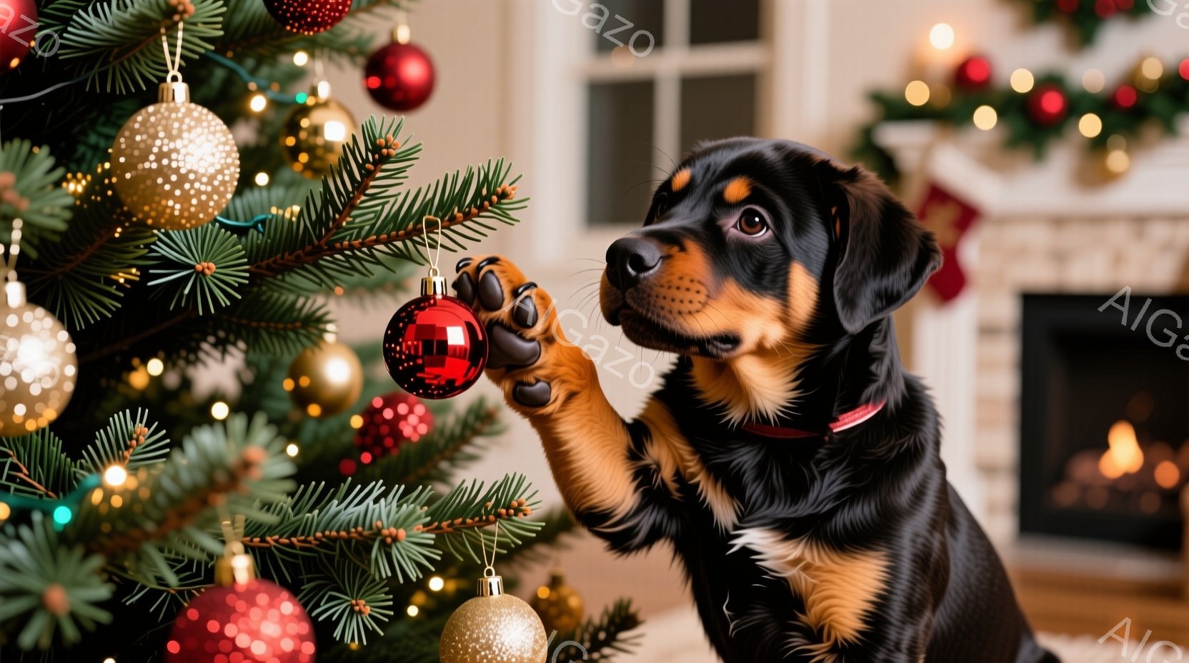 黒と茶色の毛並みを持つ子犬が、クリスマスツリーに飾られた赤いオーナメントを前足で触ろうとしています。背景には、暖炉の火が灯り、緑豊かなクリスマスツリーが華やかに飾られています。全体的に暖かく、お祝いム - AI生成フリー素材