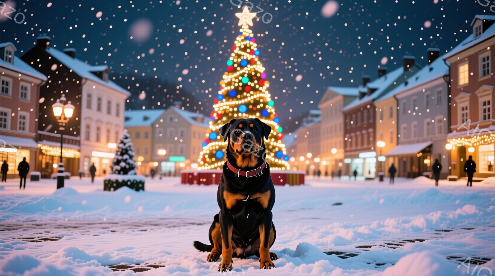 雪が降り積もる街の中心に、ローゼンハーレ犬が座っています。犬は首輪をつけ、まっすぐ前を見つめており、その表情は穏やかで落ち着いています。背景にはクリスマスツリーが輝き、周囲の建物は温かい光で照らされ、 - AI生成フリー素材