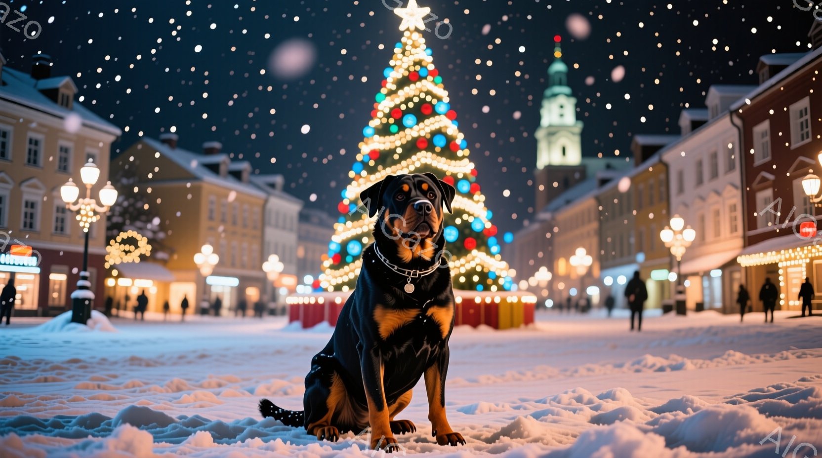 白い雪景色の中に、堂々とした黒い犬が座っています。背景にはクリスマスツリーが輝き、遠くにはライトアップされた建物が見えます。雪が舞う夜の、静かで幻想的な雰囲気が漂っています。 - AI生成フリー素材