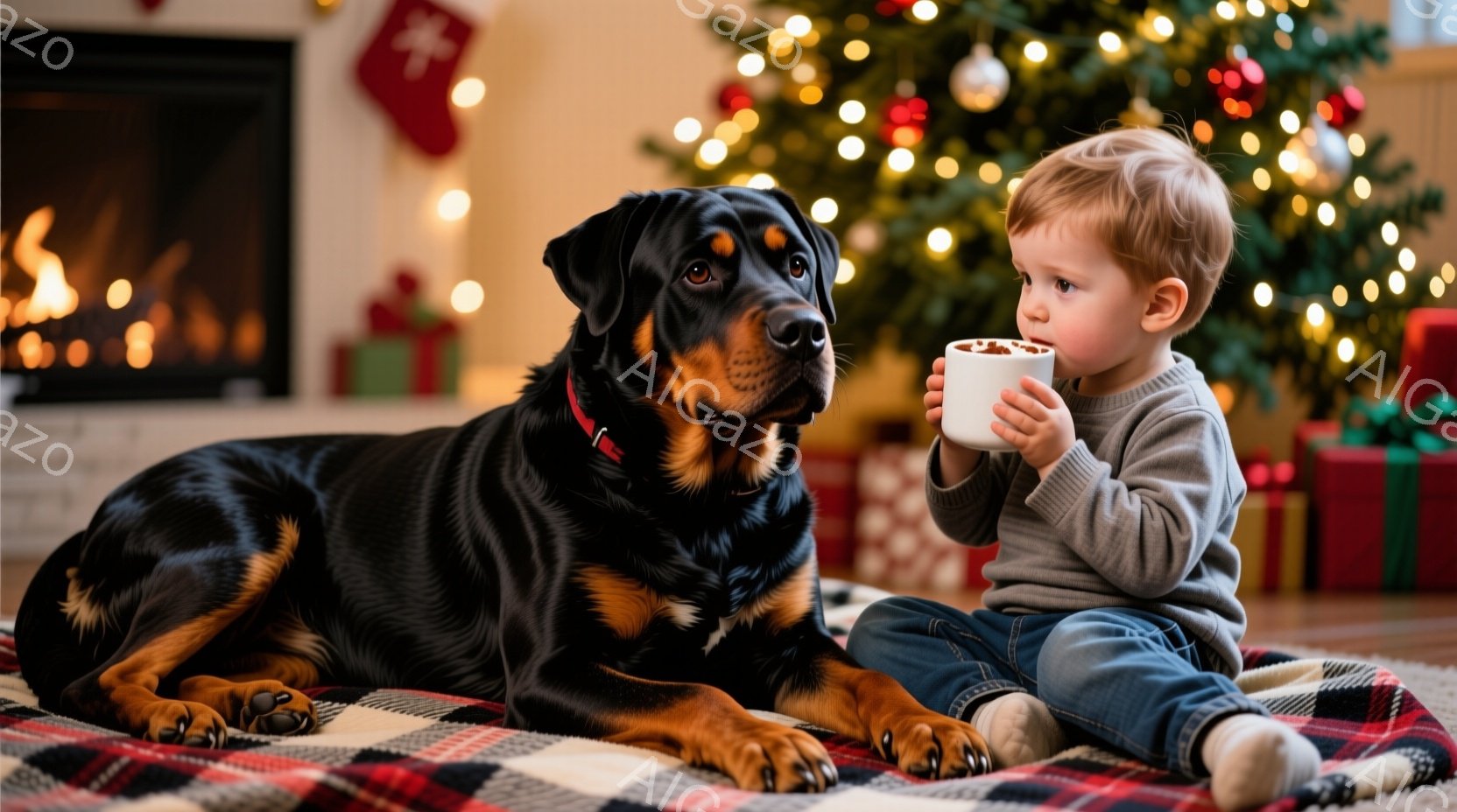 赤ちゃんは水色のズボンとグレーのセーターを着て、床に座って白いマグカップを両手で持っています。大きなロットワイラー犬が赤ちゃんの隣で横になり、見つめています。背景には、クリスマスツリー、プレゼント、暖 - AI生成フリー素材