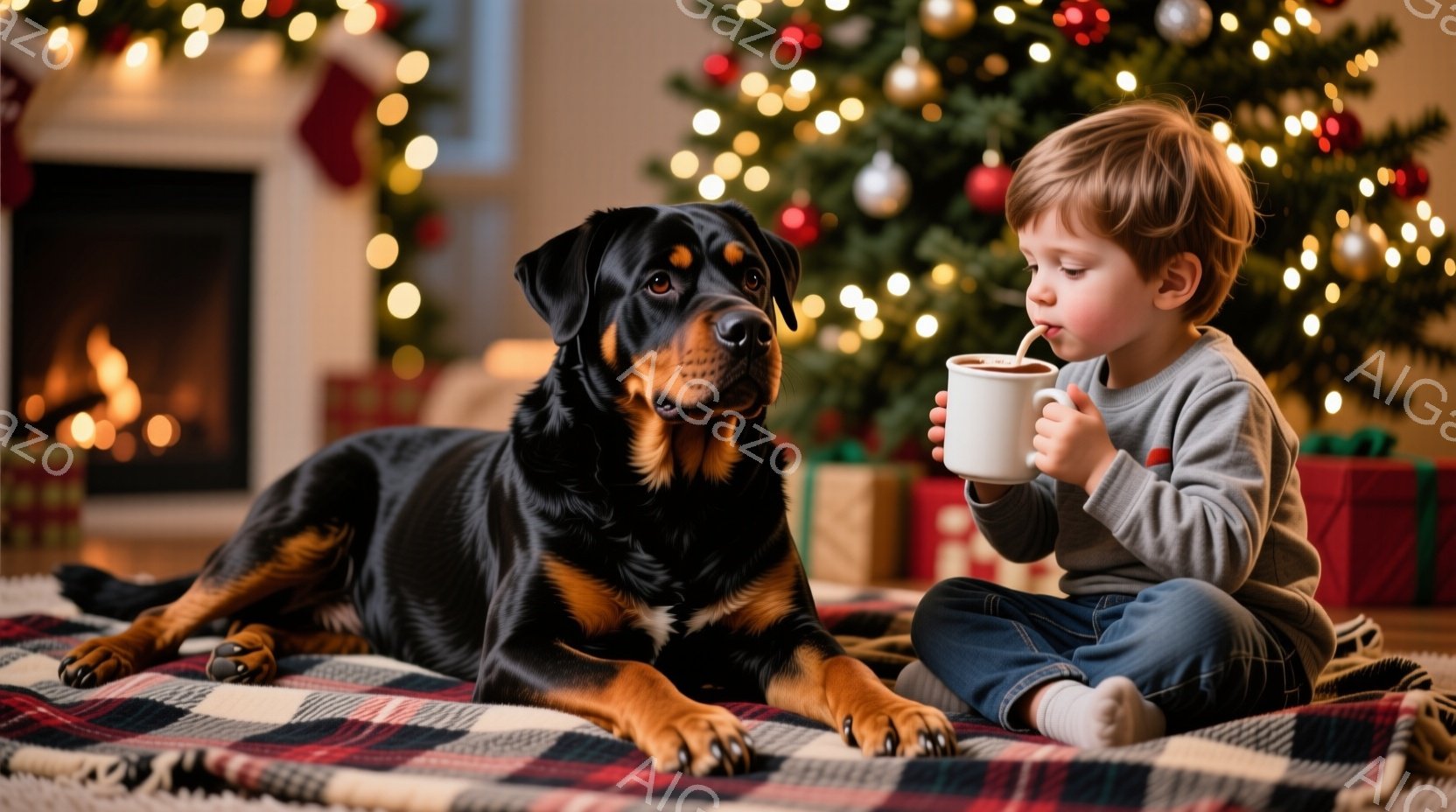 少年はチェック柄の敷物の上で座り、温かい飲み物を楽しんでいます。黒と茶色の大きな犬が少年の隣で横たわり、穏やかな表情でこちらを見ています。背景にはクリスマスツリーが飾られ、暖炉の火が暖かく照らし、家族 - AI生成フリー素材