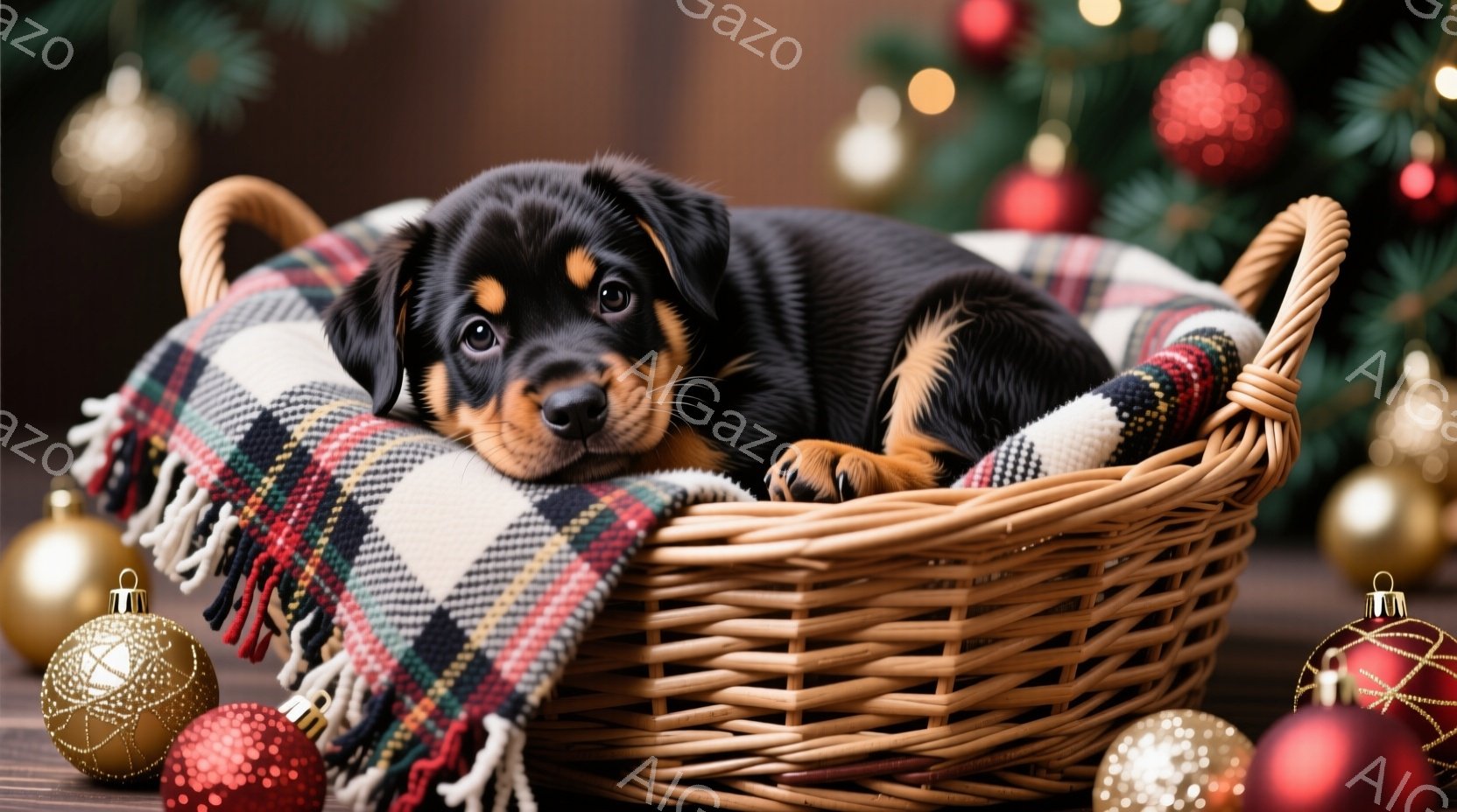 暖炉のある部屋のカーペットの上に、黒と茶色のパピーがクリスマスライトに絡まって横たわっています。パピーは前足を伸ばし、リラックスした表情でカメラを見つめており、ライトが暖かく輝き、楽しげな雰囲気を醸し出しています。背景にはクリスマスツリーがぼんやりと見え、ホリデーシーズンらしい温かく心地よい雰囲気です。