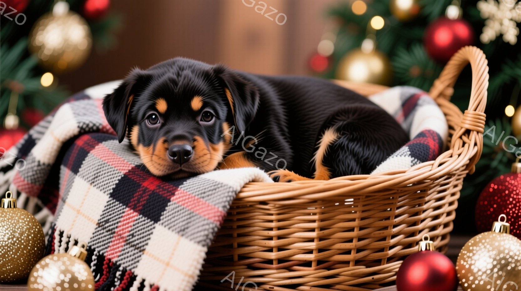 籐の籠の中に、黒と茶色の毛並みを持つ子犬が丸まって眠っています。籠の中には、赤と白のチェック柄の毛布が敷かれており、子犬を暖かく包み込んでいます。背景にはクリスマスツリーと飾りが見え、温かく穏やかなク - AI生成フリー素材
