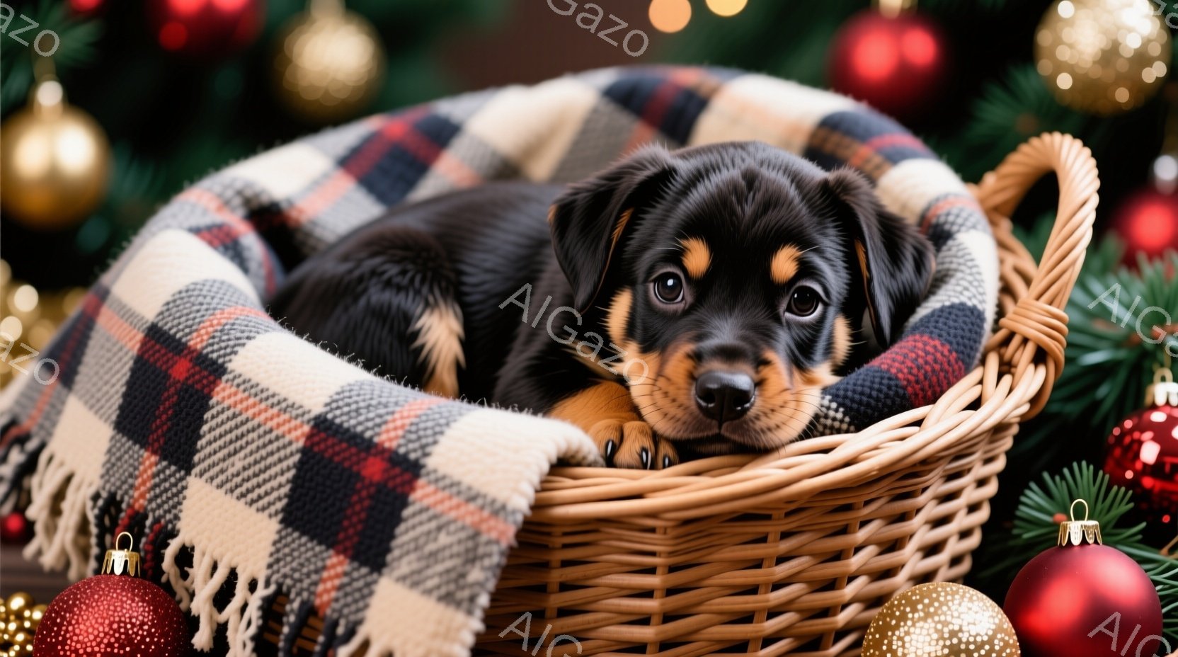 小さな黒と茶色のパピーが、赤と白の格子模様のブランケットが敷かれた籐のバスケットの中で丸まって眠っています。背景には、クリスマスツリーの緑と、赤や金のオーナメントが散りばめられ、お祝いの雰囲気が漂って - AI生成フリー素材