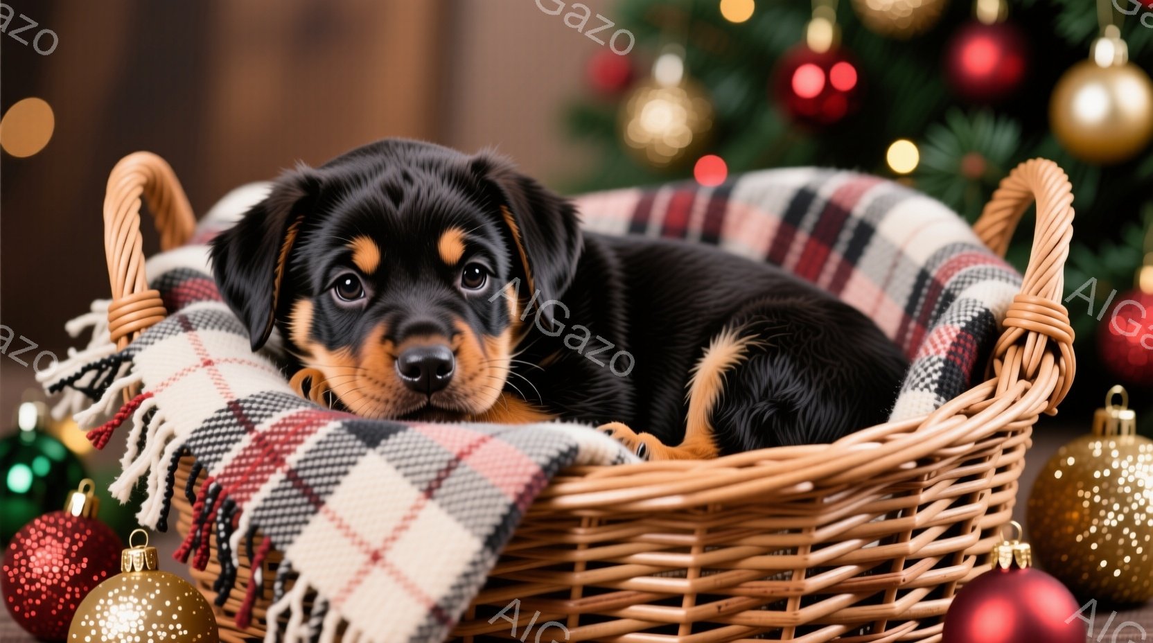 籠の中に、茶色と黒の毛並みを持つ子犬が丸まって眠っています。周りにはクリスマスオーナメントが散りばめられ、暖炉のような背景がぼんやりと見え、温かく穏やかなクリスマスの雰囲気を醸し出しています。子犬はリ - AI生成フリー素材