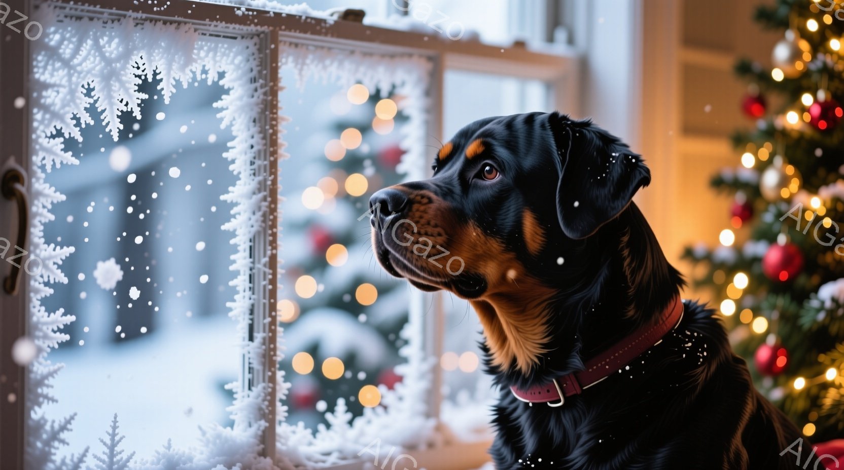 黒い毛並みで、首輪を付けたドーベルマンが窓の外を見つめている。背景にはぼやけたクリスマスツリーの光が輝き、窓には雪の結晶模様が描かれている。暖かく穏やかな、冬の日の静けさを感じる雰囲気だ。 - AI生成フリー素材