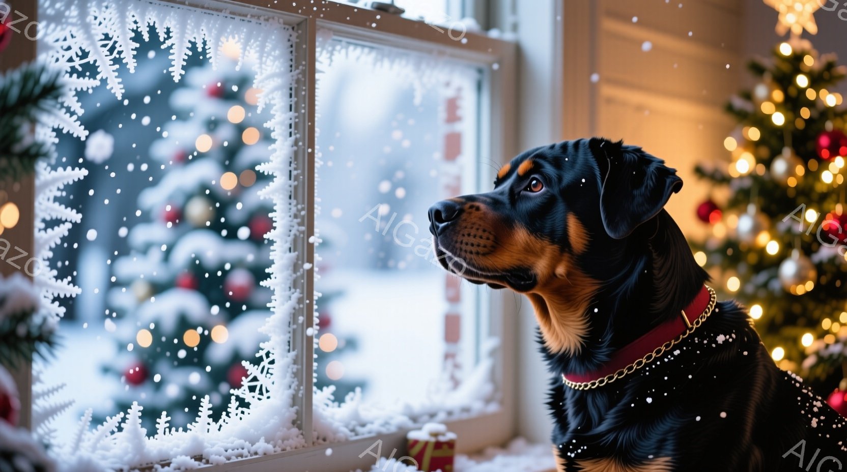 黒いローゼンハウン犬が窓辺に座り、雪景色を眺めている。赤い首輪と金属製の首輪をつけており、少し憂いのある表情で外を見つめている。背景には雪に覆われた木々と、ぼんやりと見えるクリスマスツリーの光があり、 - AI生成フリー素材