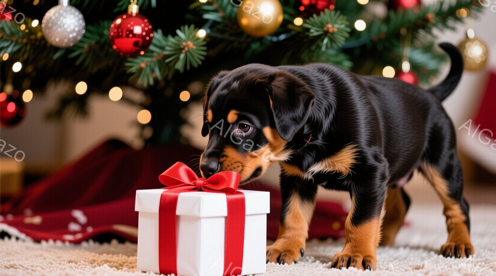 暗い毛並みと明るい茶色の足を持つ子犬が、赤いリボンで飾られた白いプレゼントの箱の匂いを嗅いでいます。背景にはクリスマスツリーが飾られており、キラキラと光る照明が暖かく、お祝いの雰囲気を醸し出しています - AI生成フリー素材