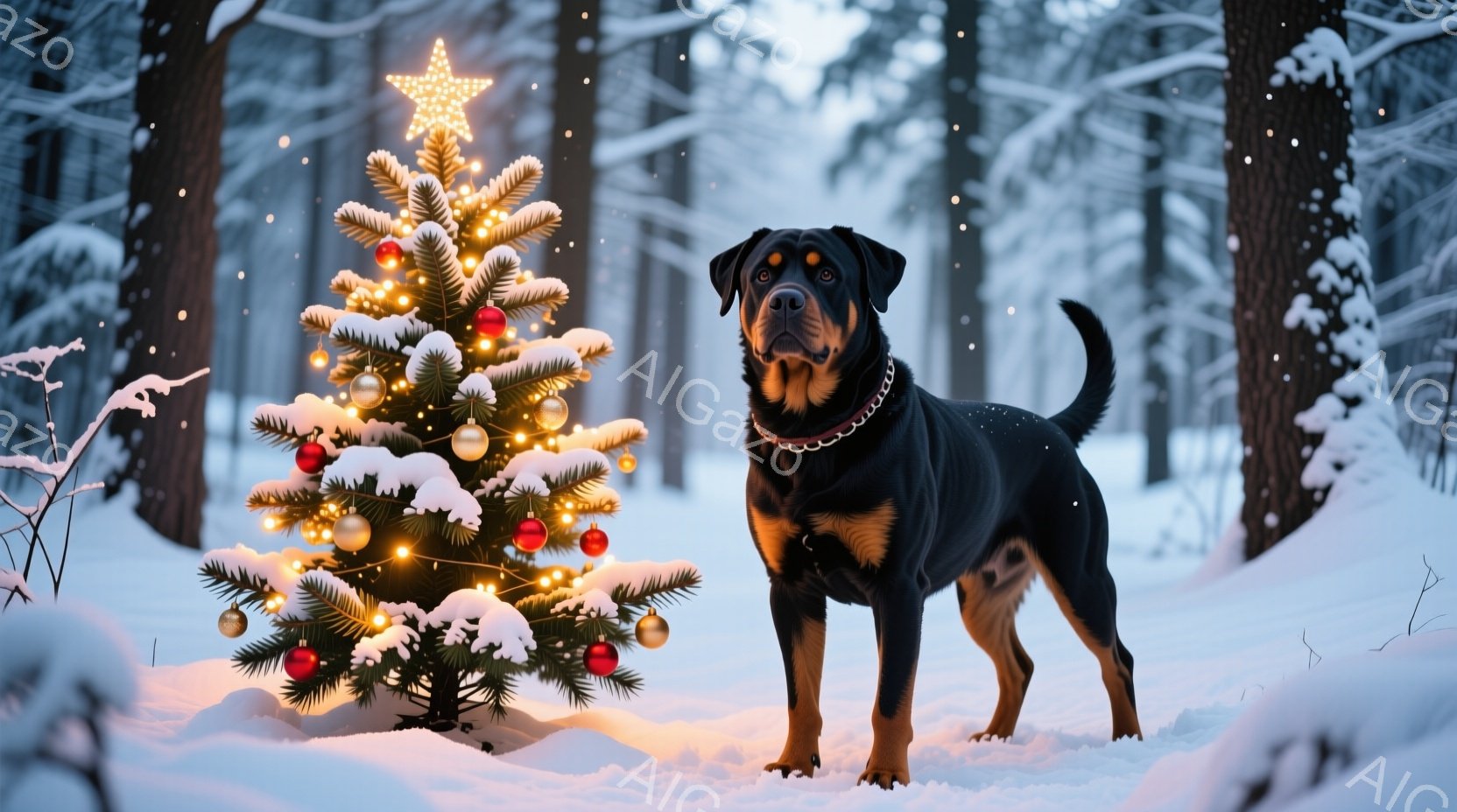 雪が降る森林の中に、飾り付けられたクリスマスツリーと、その隣に立つ堂々としたロットワイラーがいます。犬は首輪をつけており、まっすぐ前を見据え、自信に満ちた表情をしています。背景は雪に覆われた木々で、暖 - AI生成フリー素材