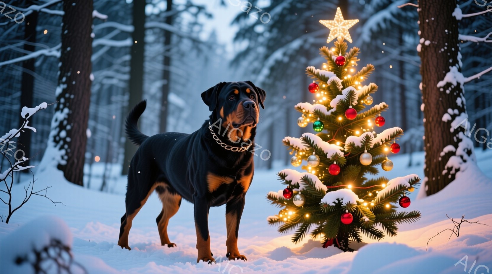 濃い黒色のドーベルマンが雪景色の中で堂々と立っており、首輪を付けています。背景にはクリスマスツリーが飾られており、雪が降り積もる冬の森が広がっています。全体的に温かく、お祝いの雰囲気が漂う、静かで美しい冬の光景です。