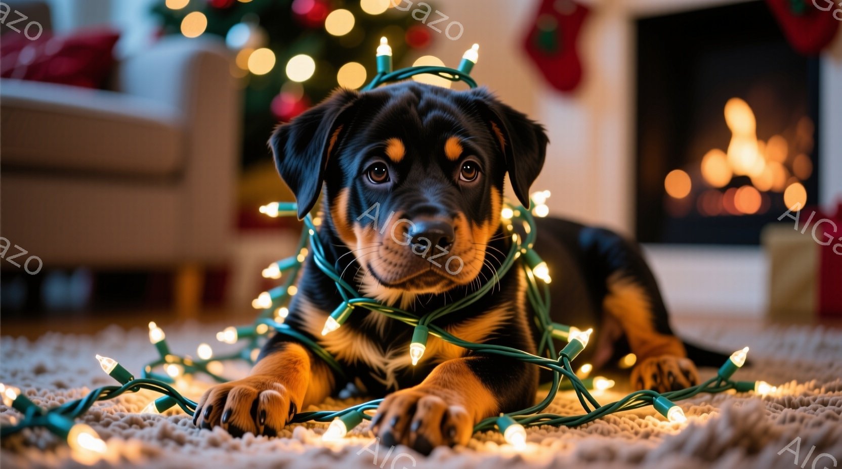 鮮やかなクリスマスツリーの背景に、茶色と黒の毛並みを持つ子犬が、クリスマスのイルミネーションライトにくるまれて床に横たわっています。子犬は前足を伸ばし、リラックスした表情でカメラを見つめており、暖炉の - AI生成フリー素材