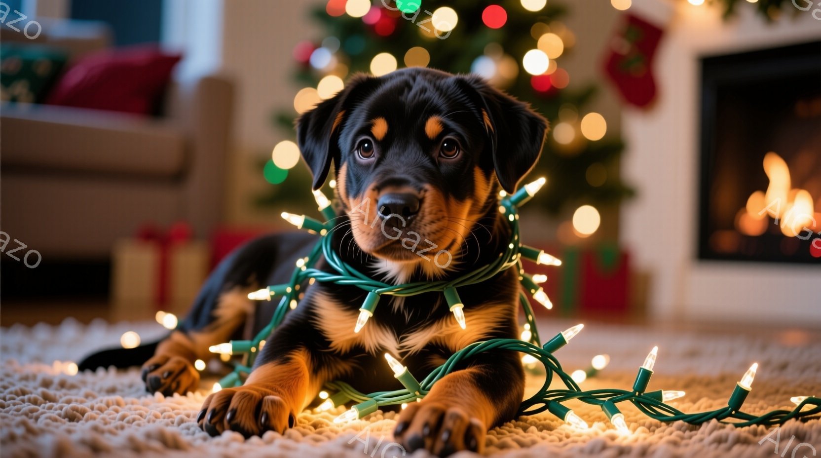 茶色と黒の毛並みを持つ子犬が、クリスマスのイルミネーションライトに覆われている様子が写っています。子犬はカーペットの上に横たわり、少し困ったような表情でカメラを見つめています。背景には、飾られたクリスマスツリーと暖炉があり、温かく幸せな雰囲気を感じさせます。
