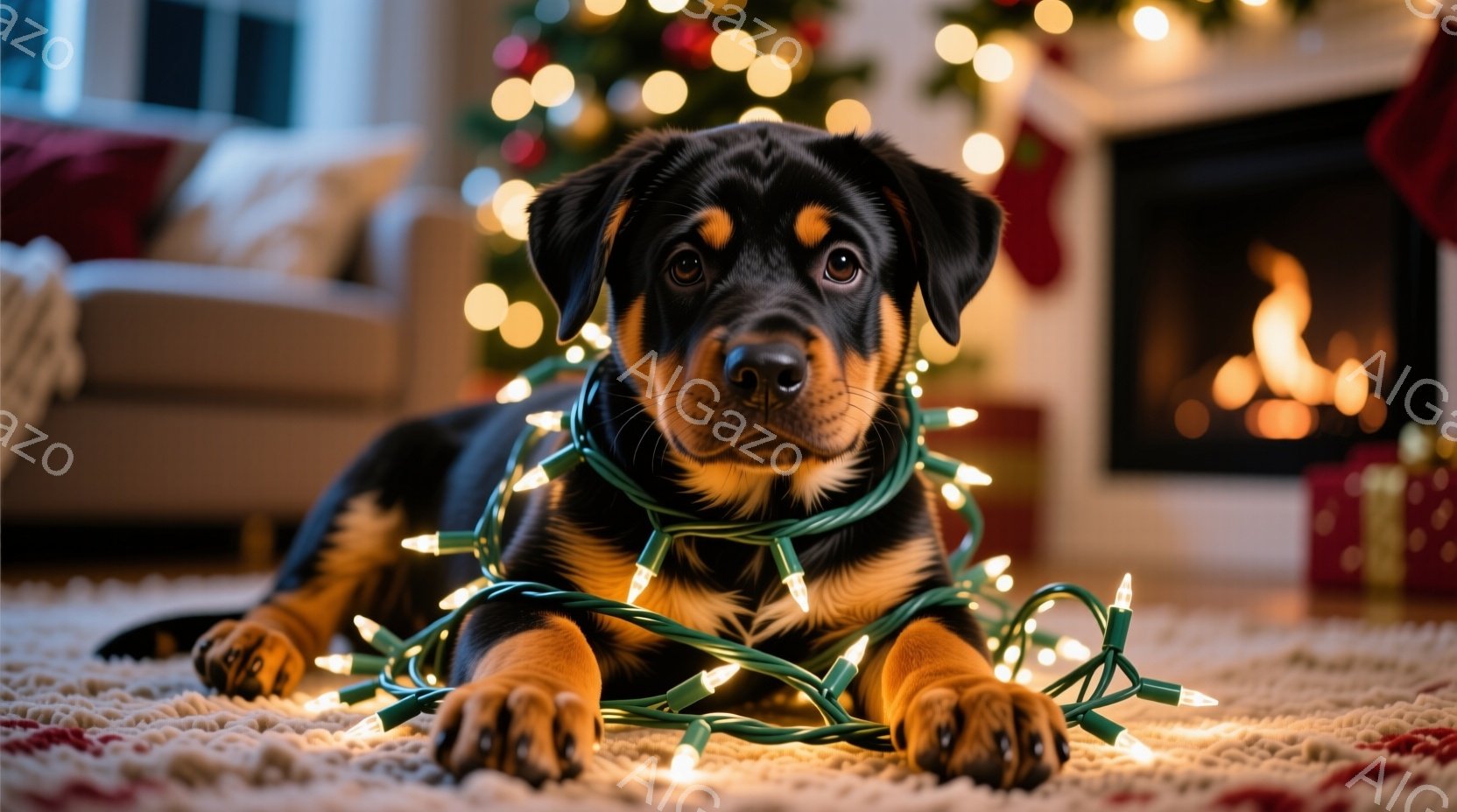 暖炉のそばの敷物の上に、クリスマスのイルミネーションに巻き込まれた可愛らしい子犬が横たわっています。子犬は黒と茶色の毛並みで、優しい表情をしており、まるでいたずらをした後のような様子です。背景にはクリ - AI生成フリー素材