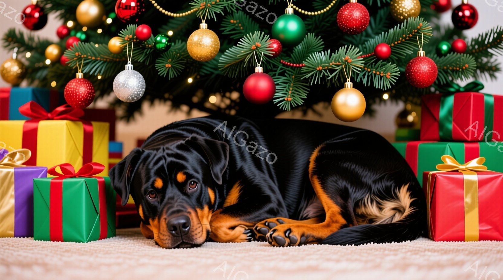 黒いロットワイラーが、カラフルなプレゼントの山に囲まれて床に横たわっています。その表情は穏やかで、少し眠たそうにも見えます。背景にはクリスマスツリーが飾られ、赤、金、緑のオーナメントが輝き、お祝いの雰 - AI生成フリー素材