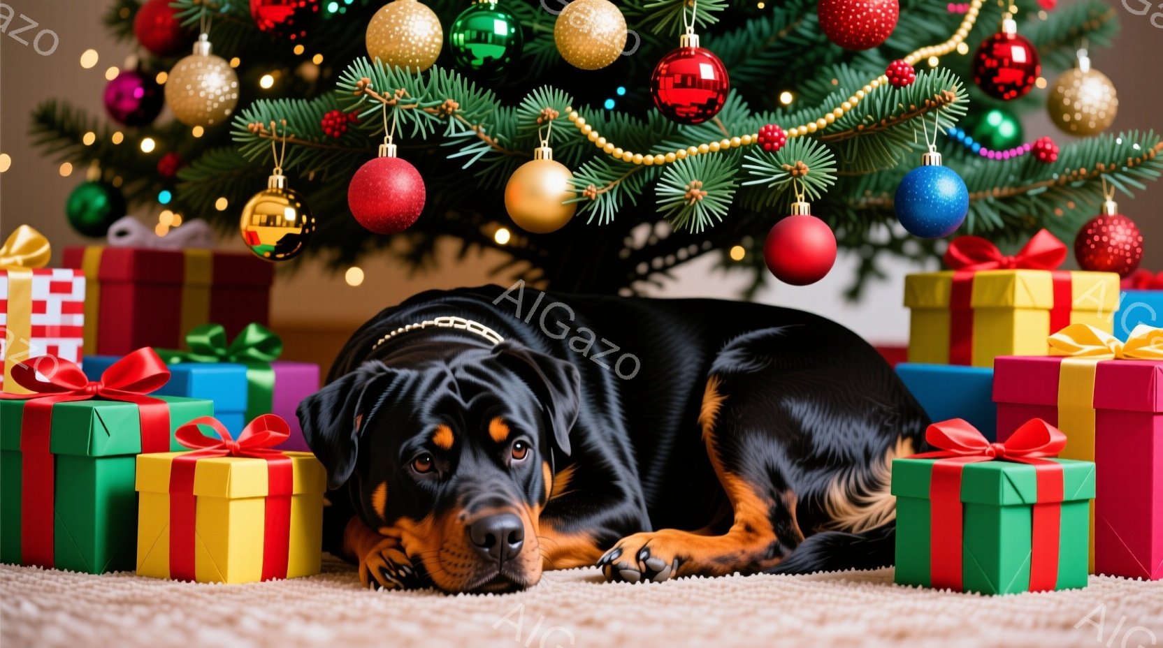 黒いロットワイラーが、クリスマスツリーの下に置かれたカラフルなプレゼントの山の中に横たわっています。犬はリラックスした表情で、落ち着いた様子でカメラを見つめています。背景には緑のクリスマスツリーがあり - AI生成フリー素材
