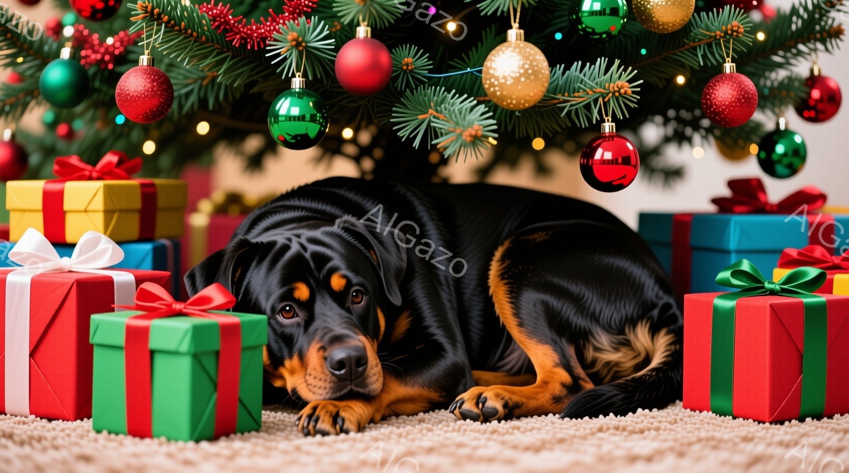 黒い毛並みのドーベルマンが、クリスマスツリーの下に置かれた様々な色のプレゼントの山に囲まれて横たわっています。犬は落ち着いた表情で、片方の前足を前に出し、リラックスした姿勢を見せています。背景には緑の - AI生成フリー素材