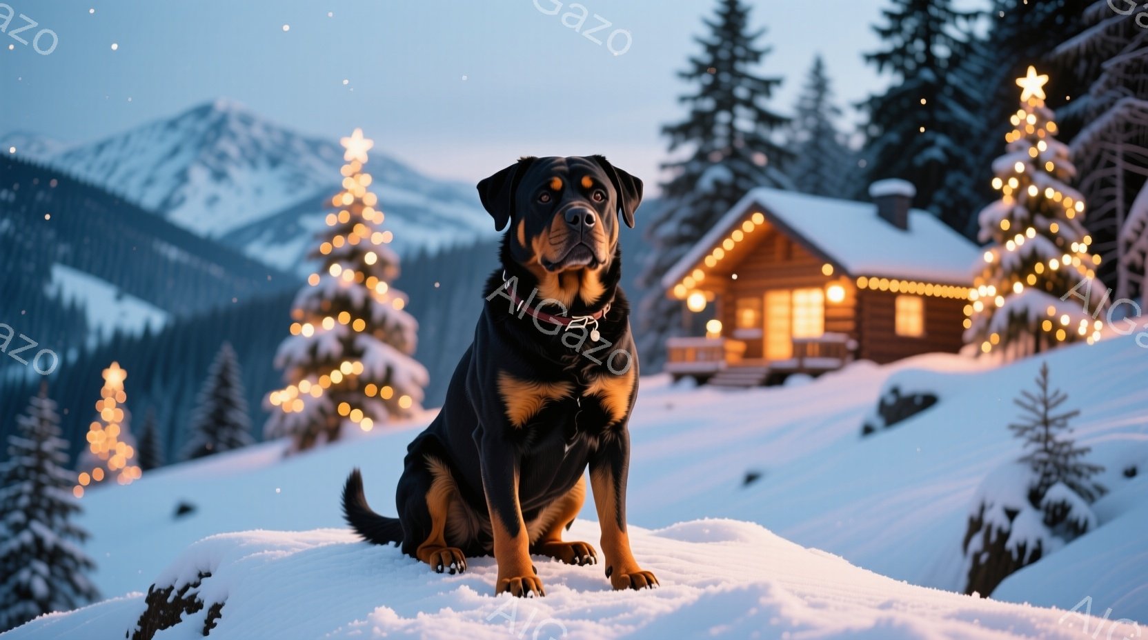 雪景色の中に、ローゼンハールの犬が座っています。犬は首輪をつけ、まっすぐに前を見つめており、凛々しい表情をしています。背景には、ライトアップされたクリスマスツリーや可愛らしい木造の家が見え、冬の暖かく幻想的な雰囲気を醸し出しています。