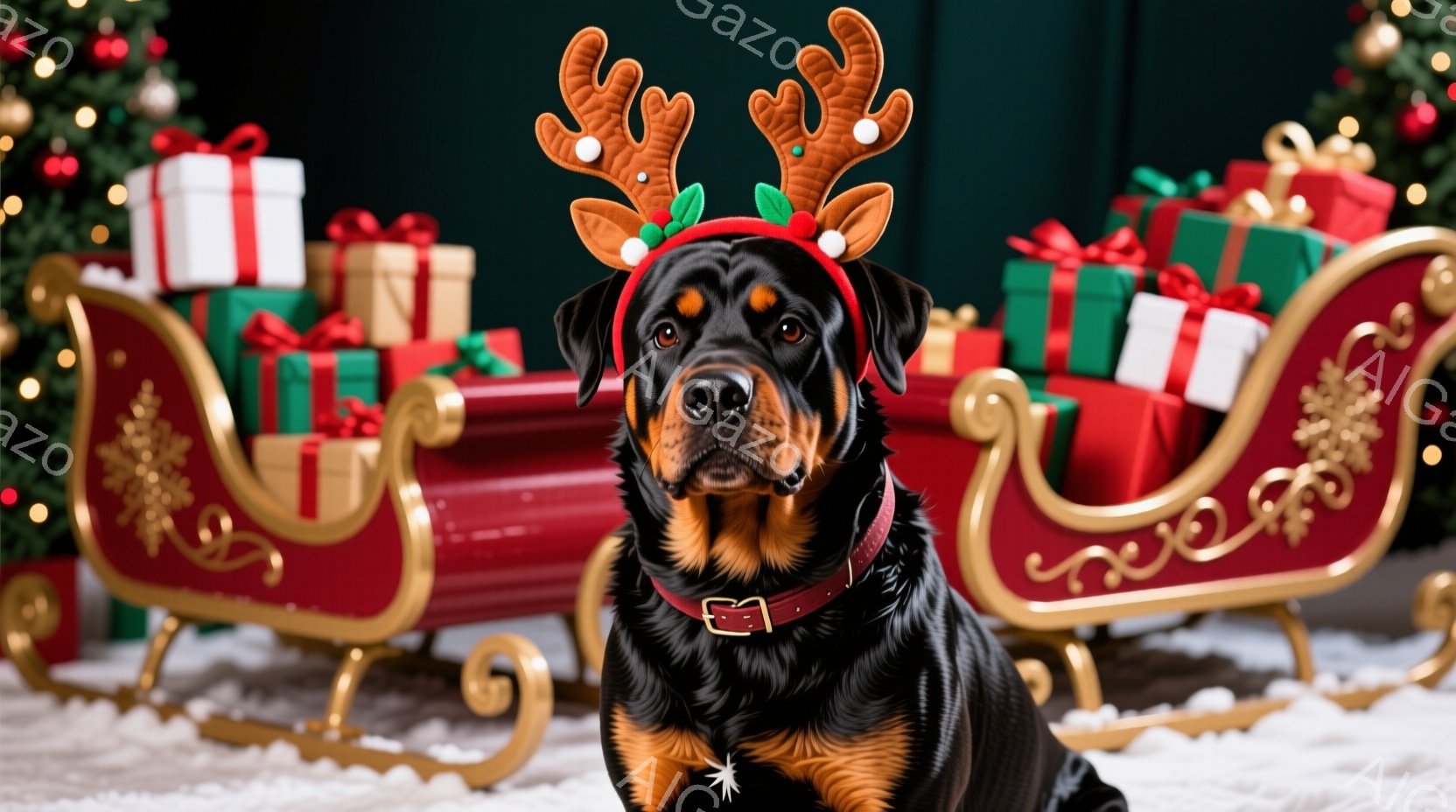 黒い毛並みと茶色のアクセントが特徴的な、堂々としたローゼンハウンドが、クリスマスらしい赤いソリの前に座っています。犬は頭にトナカイの角のヘッドバンドをつけており、自信に満ちた表情で正面を見ています。背景には、キラキラと輝くクリスマスツリーと、ラッピングされたプレゼントの山が積まれたソリがあり、華やかで祝祭的な雰囲気を醸し出しています。