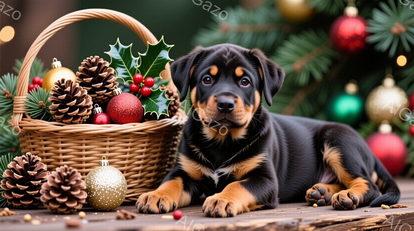 黒と茶色の毛並みを持つ子犬が、クリスマスオーナメントや松ぼっくりが置かれた木製のテーブルの上でリラックスして横たわっています。背景には、クリスマスツリーの緑がぼやけて見え、暖かく、お祝いムードを醸し出 - AI生成フリー素材