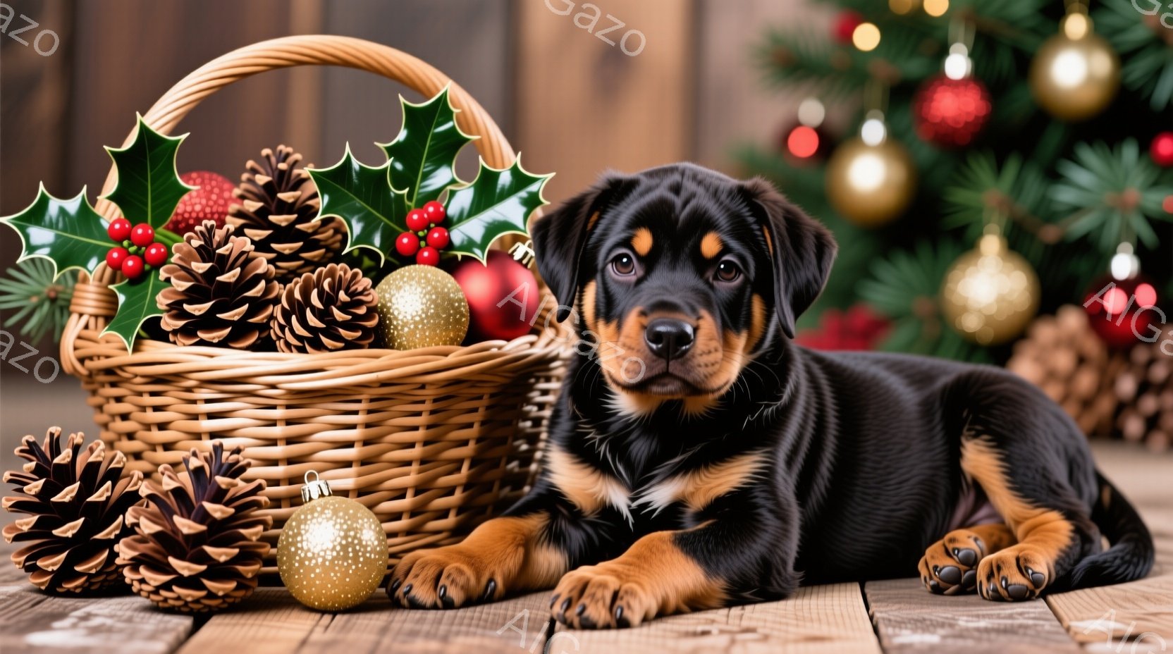 黒と茶色の毛並みを持つ子犬が、クリスマスオーナメントが詰まった籐の籠の隣で横たわっています。子犬は正面を見ており、落ち着いた表情で、周囲の装飾と調和しています。背景にはクリスマスツリーがぼやけており、 - AI生成フリー素材