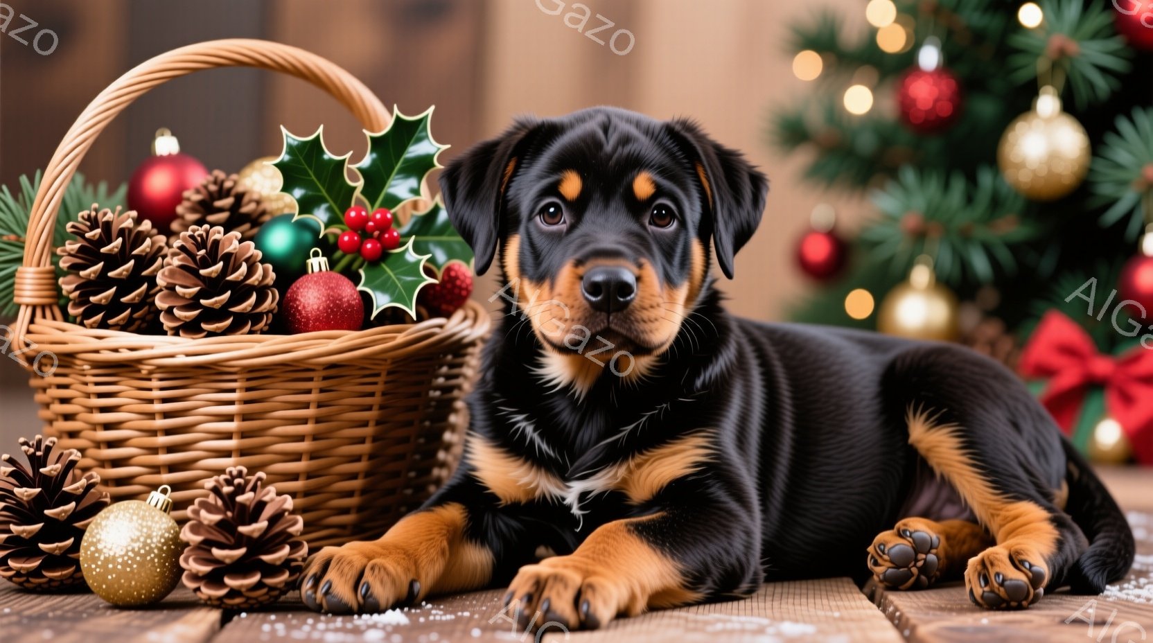 黒と茶色の愛らしい子犬が、クリスマスの飾りと松ぼっくりが並んだ籐のバスケットの横で横たわっています。子犬はリラックスした表情でカメラを見つめ、背景にはぼやけたクリスマスツリーの光が輝き、雪が少し降り積 - AI生成フリー素材