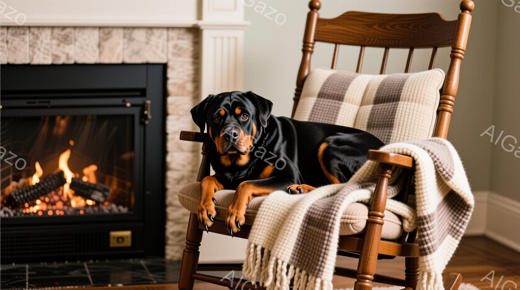 黒いロットワイラー犬が、ベージュとグレーのチェック柄のブランケットがかけられたロッキングチェアに横たわっています。暖炉が背景に見え、火が燃えており、暖かく心地よい雰囲気を醸し出しています。犬はリラック - AI生成フリー素材