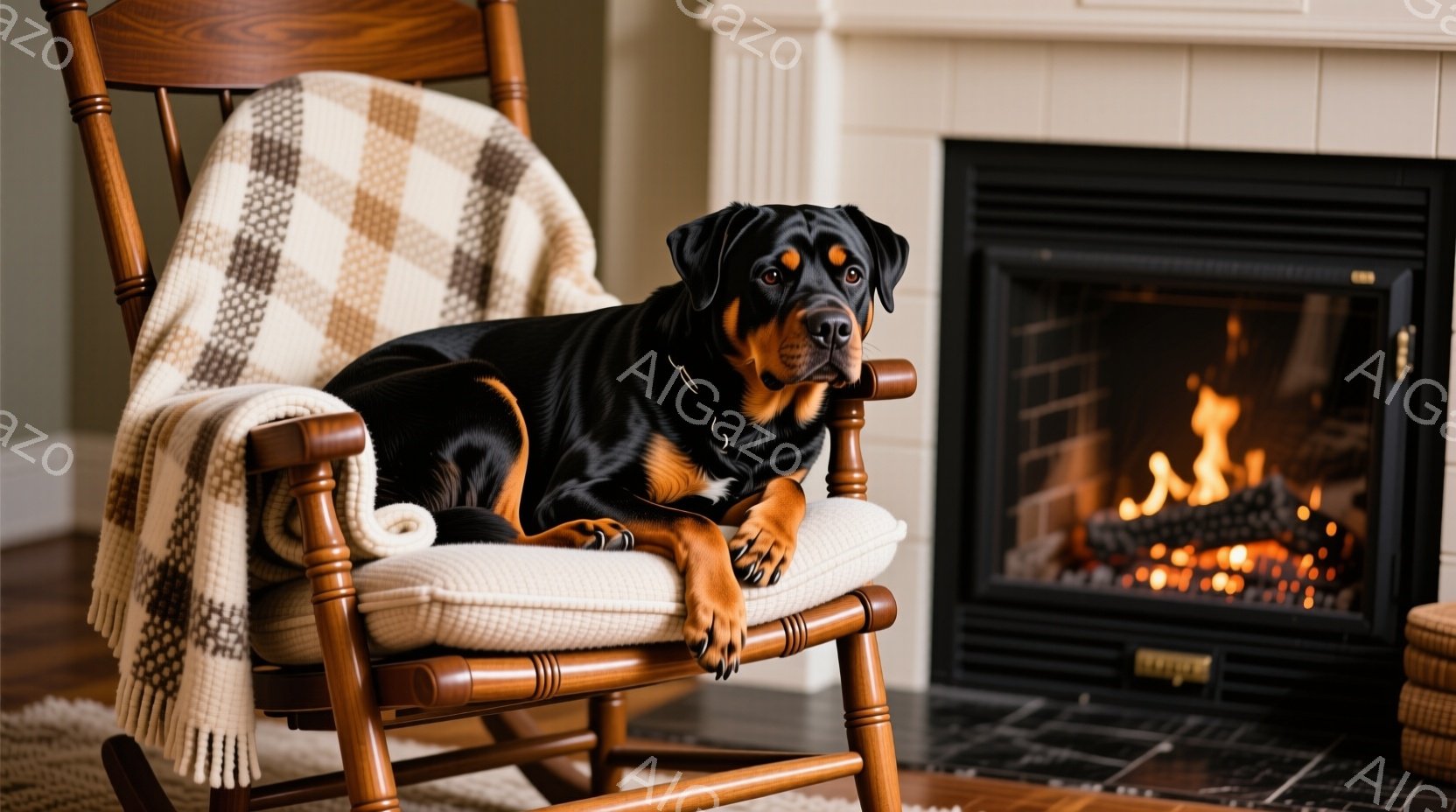 暖炉のそばにあるロッキングチェアに、黒と茶色の模様のロットワイラーが優雅にくつろいでいる。ロッキングチェアにはクリーム色のクッションと、ベージュと白のチェック柄のブランケットがかかっている。暖炉の炎が暖かく、リラックスした雰囲気を作り出している。