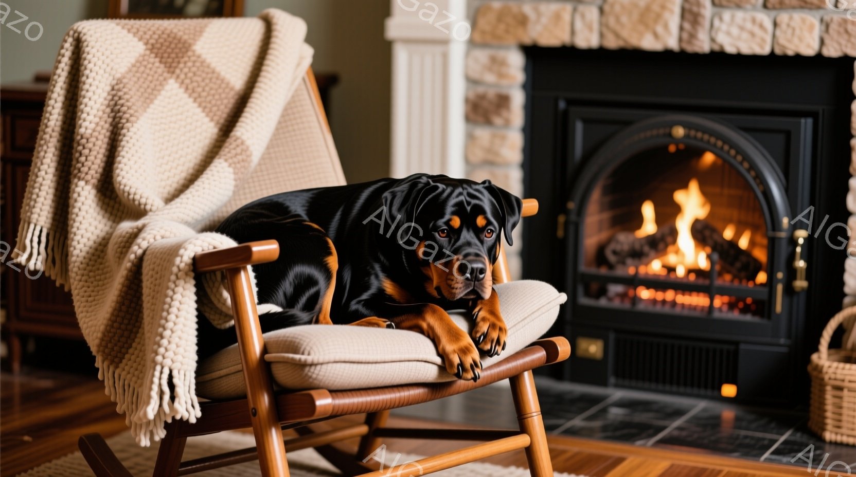 漆黒のドーベルマンが、ベージュ色のクッションが置かれたロッキングチェアにゆったりと横たわっている。その表情はどこか物憂げで、まるでくつろぎの時間を満喫しているかのようだ。背景には暖炉があり、オレンジ色 - AI生成フリー素材