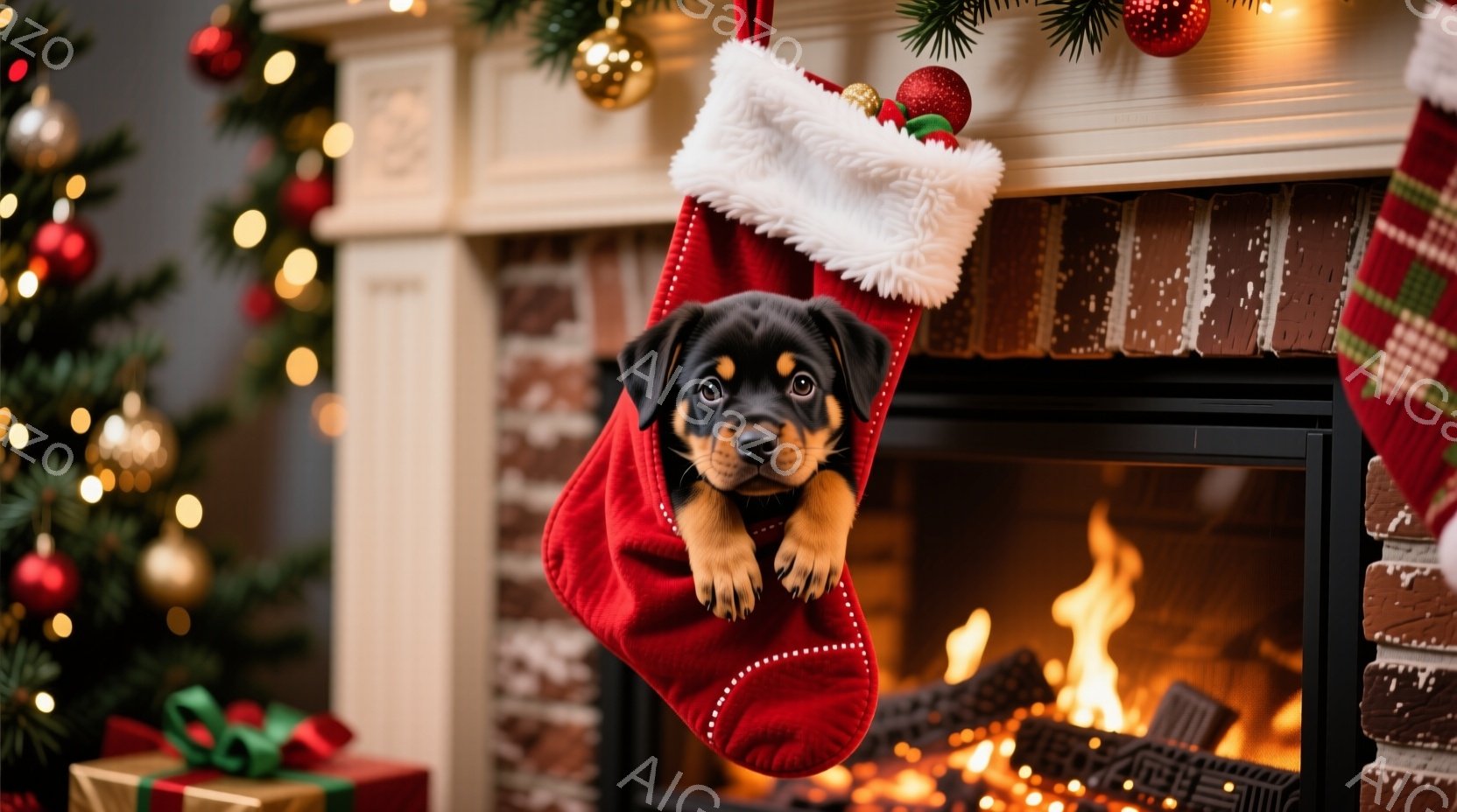 赤いクリスマスストッキングの中に、小さな茶色と黒のパピーが顔を出しています。パピーは前足をストッキングの縁にかけ、好奇心と少し戸惑った表情でこちらを見ています。背景には暖炉の炎、クリスマスツリー、プレ - AI生成フリー素材