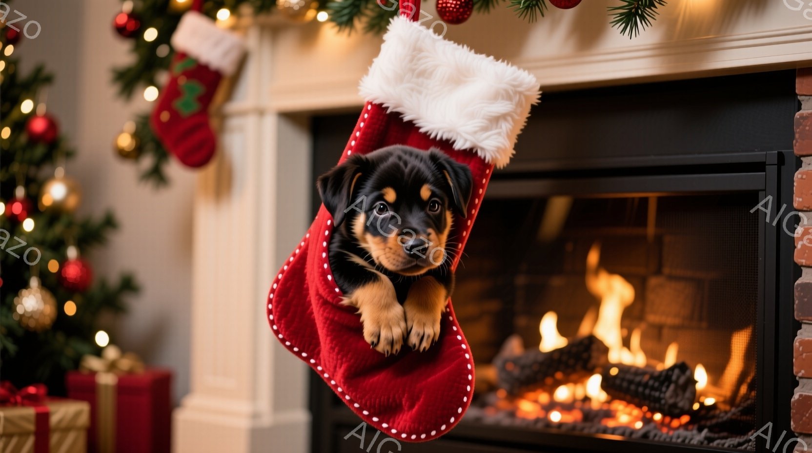 真っ赤なクリスマスストッキングの中に、小さな子犬が顔を出しています。子犬は茶色と黒の毛並みで、つぶらな瞳でカメラを見ています。背景には、暖炉の炎とクリスマスツリー、プレゼントボックスが見え、暖かく華や - AI生成フリー素材