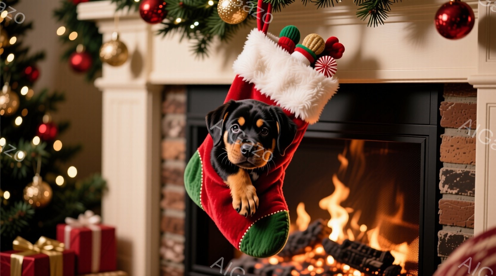クリスマスツリーの輝きと暖炉の炎が、部屋を温かく照らしています。赤いクリスマスストッキングの中に、小さな茶色のパピーが顔を出し、好奇心いっぱいの表情でこちらを見ています。背景には、プレゼントボックスが - AI生成フリー素材