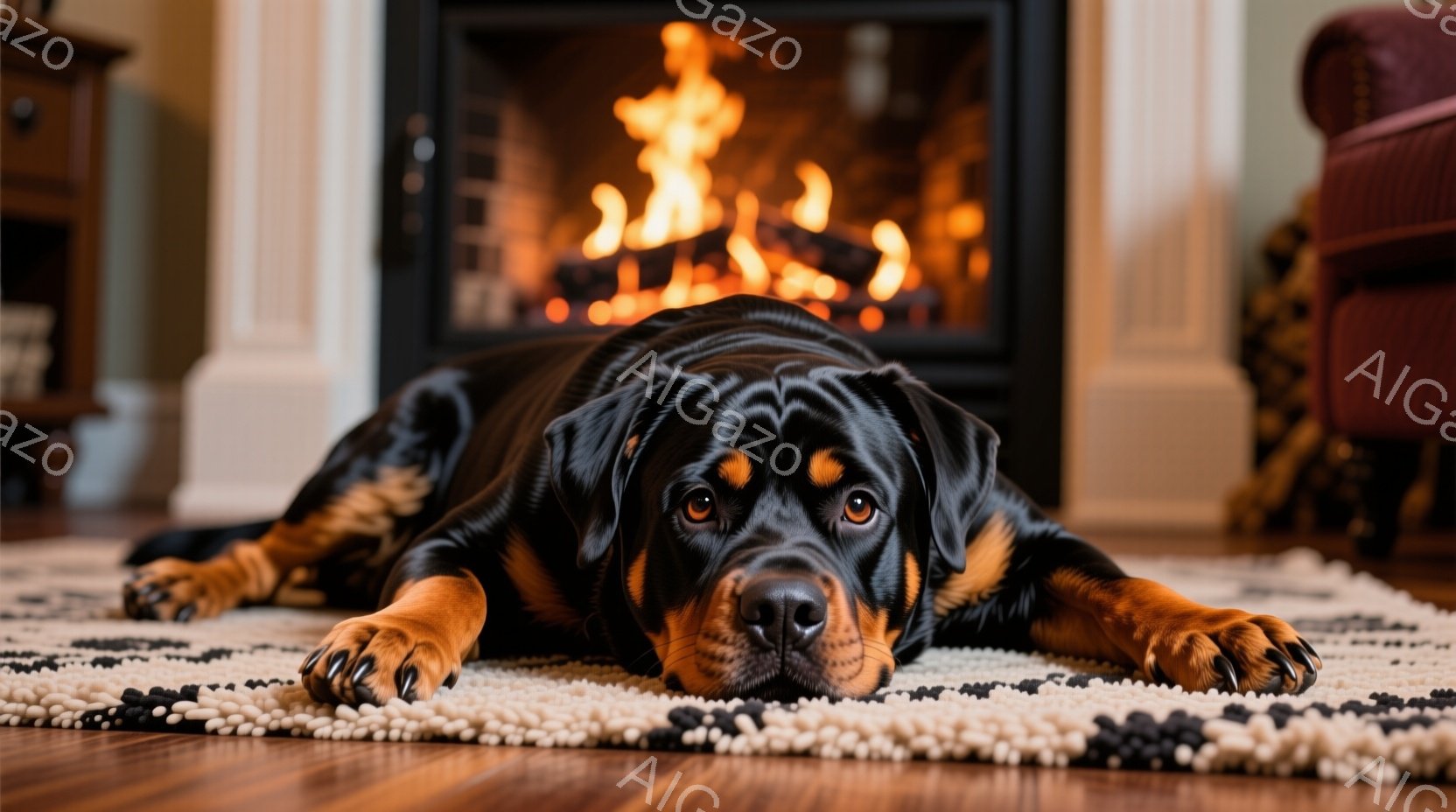 黒褐色のローゼンハウンドが、クリーム色と黒の模様のラグの上に横たわっています。その表情は穏やかで、わずかに眠たげな様子です。背景には暖炉があり、炎が燃え盛っていて、部屋全体を暖かく照らしています。