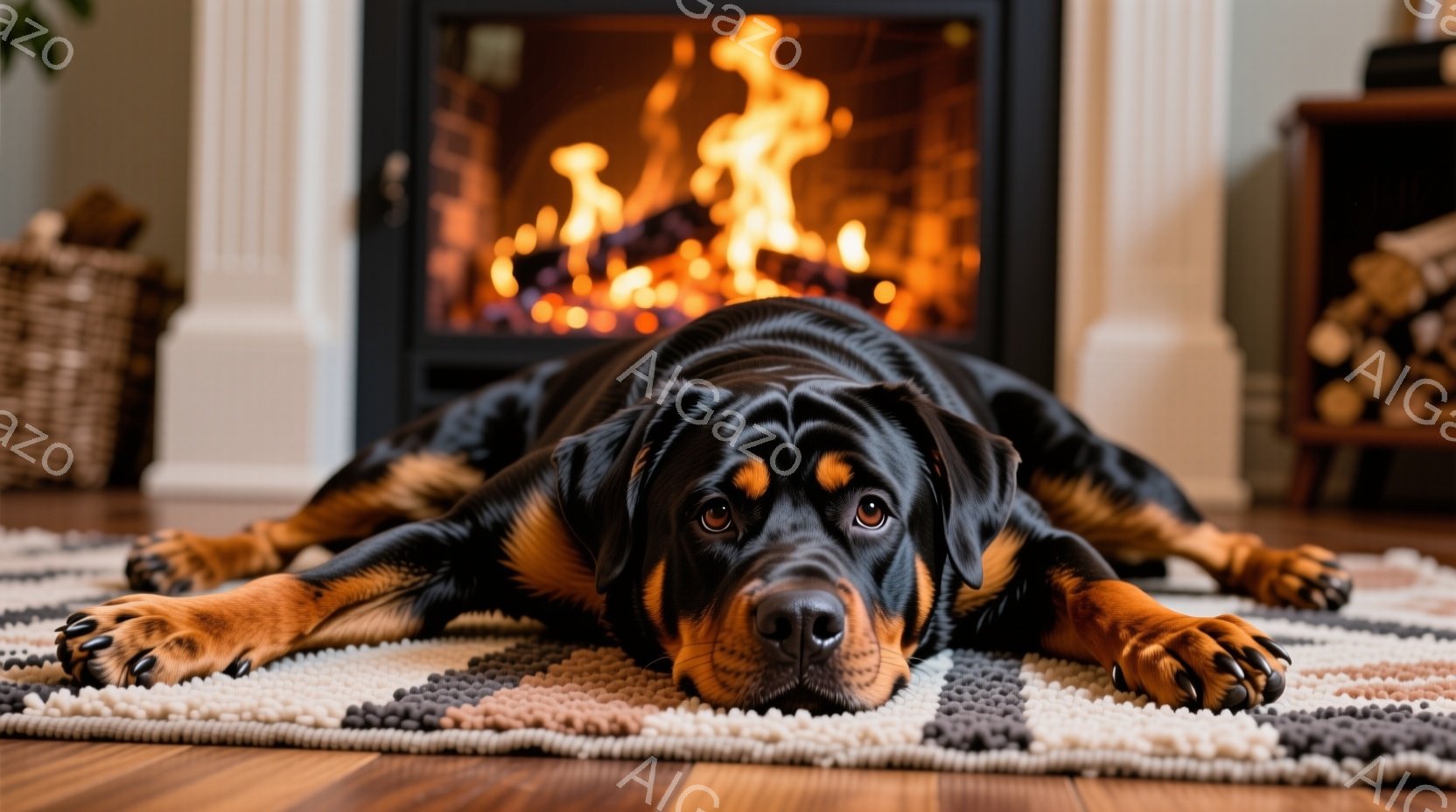 黒と茶色の毛並みのロットワイラー犬が、白、グレー、茶色の幾何学模様のラグの上に横たわっています。犬はリラックスした表情で、正面を見ていますが、少し眠たげな様子です。背景には暖炉があり、炎が燃え盛り、部屋全体を温かい光で満たしています。