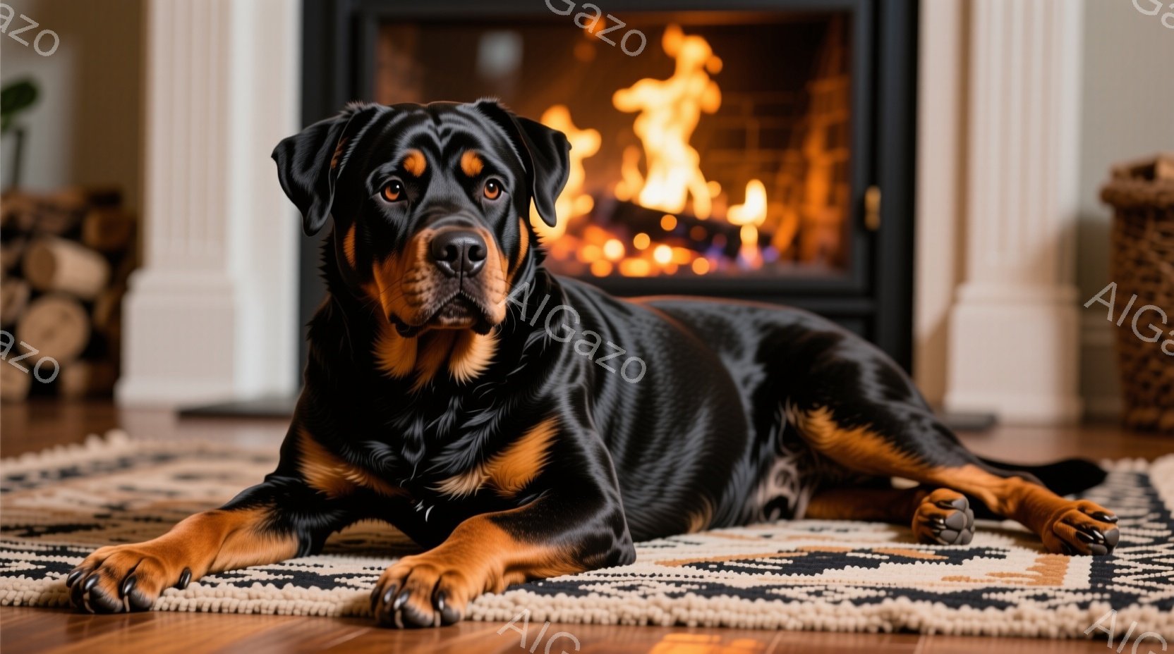 雪景色の中で、少年が雪だるまの顔を枝で作り、黒い子犬が嬉しそうに駆け寄っています。少年は赤いジャケットと黒いズボン、頭には紺色のニット帽を被り、雪だるまの目と口を整えています。背景にはクリスマスツリーが飾られており、雪が降り積もる冬の暖かく幸せな雰囲気が伝わってきます。