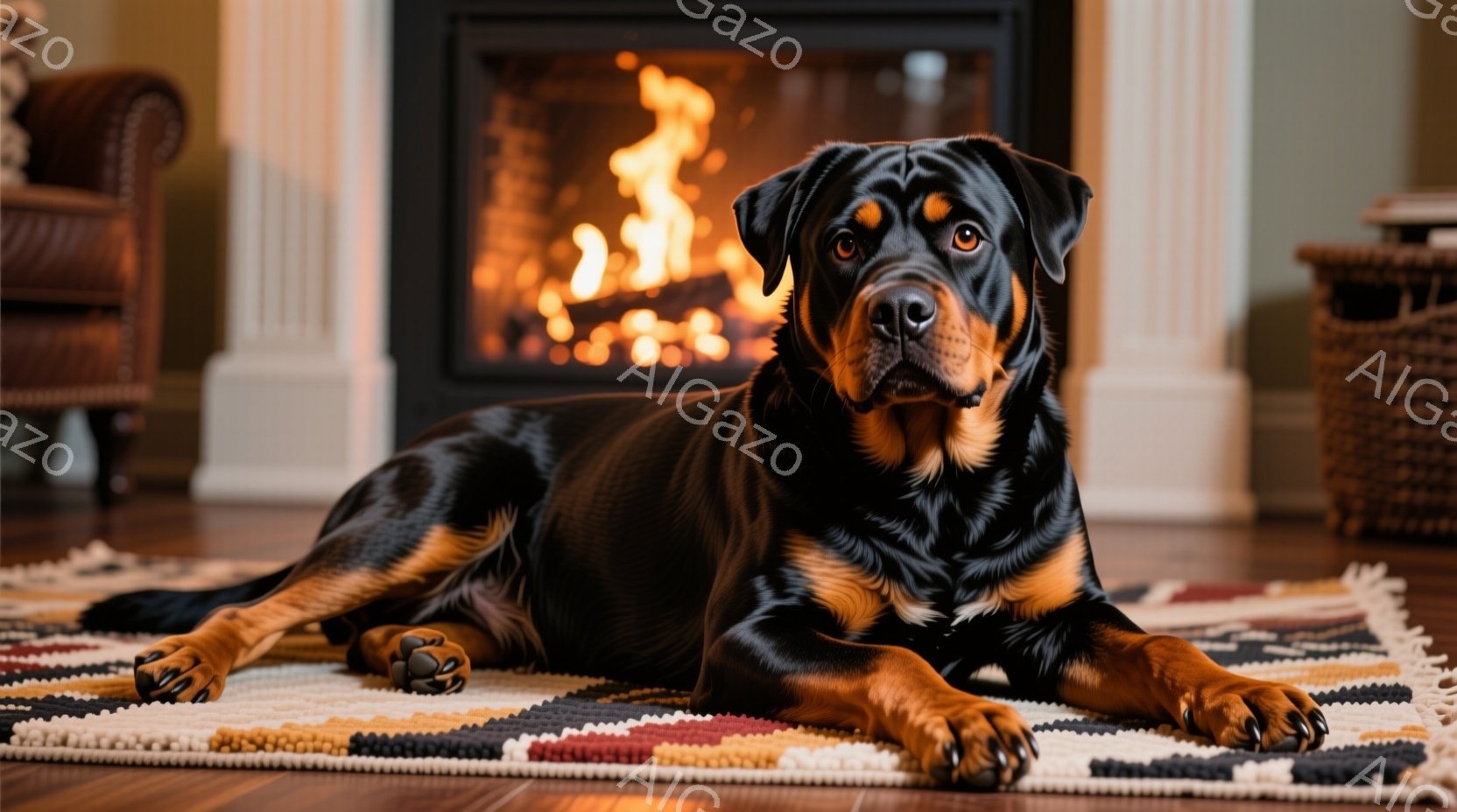 黒い毛並みに茶色のアクセントが入ったロットワイラー犬が、カラフルなラグの上にリラックスして横たわっています。背景には暖炉があり、燃え盛る炎が温かい光を放ち、居心地の良い雰囲気を醸し出しています。犬はカメラに向かって穏やかな表情で、静かで平和な瞬間を捉えています。