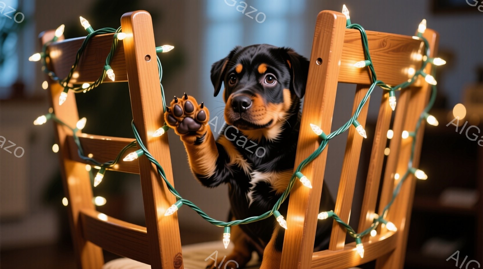 黒い毛並みの小さな子犬が、木製の椅子の背もたれに寄りかかって座っています。キラキラと光る電飾が椅子の周りを巻き付け、子犬は前足を伸ばして何かをつかもうとしているような仕草をしています。背景はぼやけてい - AI生成フリー素材