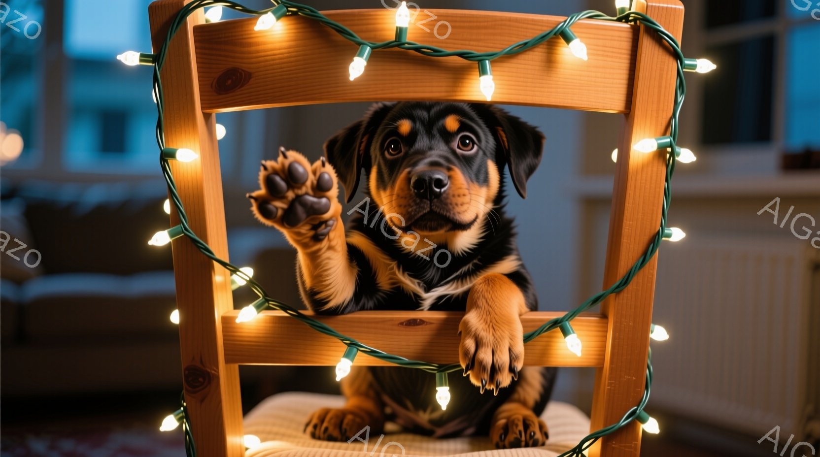 小さな茶色と黒の犬が、背もたれの周りに飾られたクリスマスライトの付いた木製の椅子に座ってこちらを見つめています。犬は前足を伸ばし、遊び心のある表情で、リラックスした姿勢を見せています。背景にはぼやけた室内が見え、暖かく、お祝いの雰囲気を作り出しています。