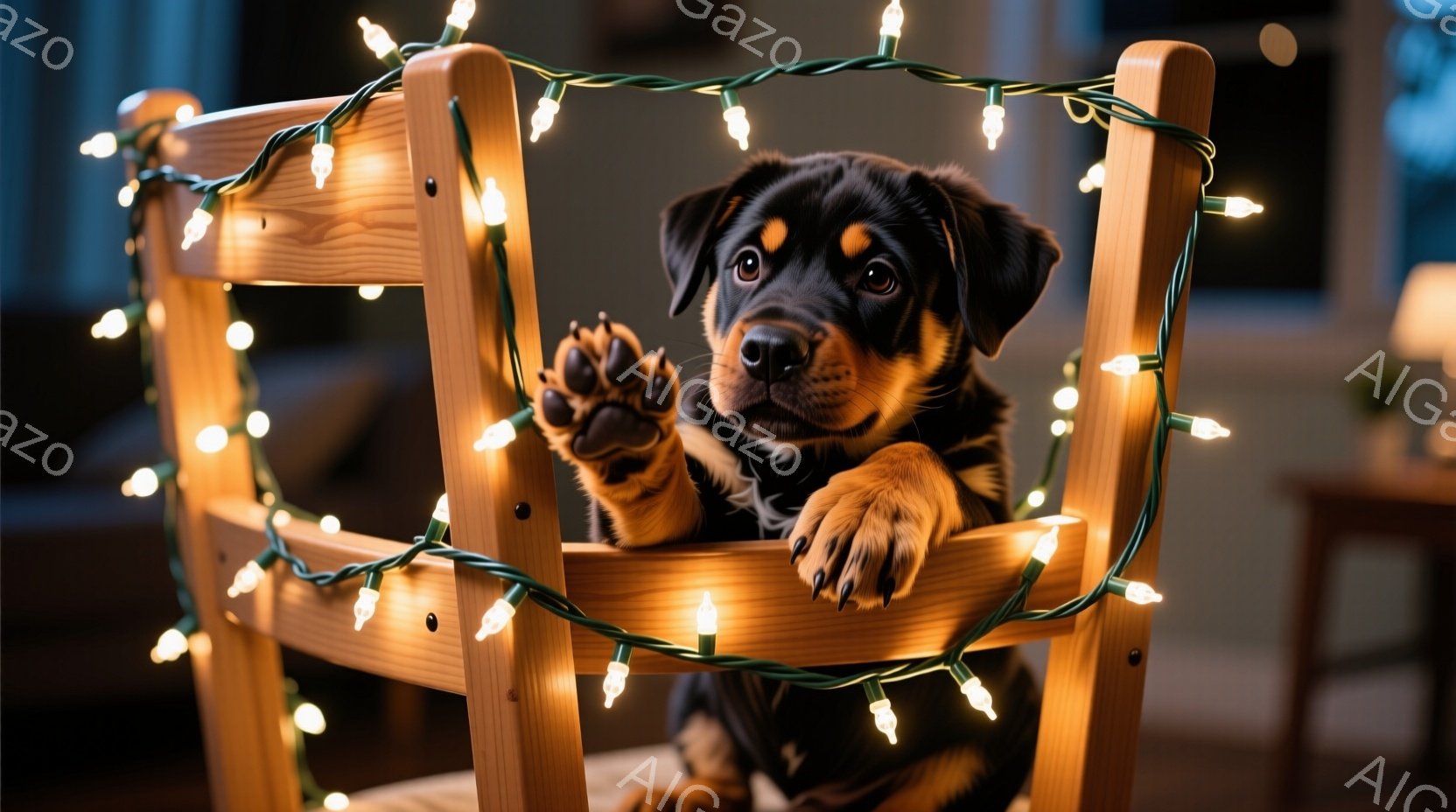 黒と茶色の毛並みの子犬が、クリスマスライトで飾られた木の椅子に前足をかけて座っています。子犬は少し上目遣いで、いたずらっぽい表情でこちらを見ており、全体的に温かく可愛らしい雰囲気です。背景にはぼやけた - AI生成フリー素材
