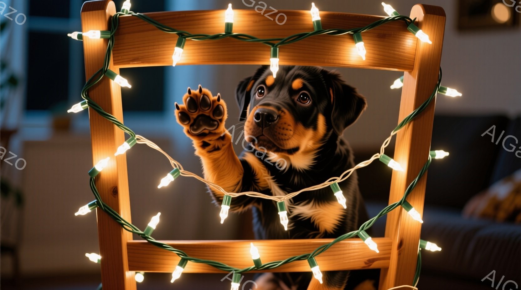 小さな黒と茶色の犬が、クリスマスライトで飾られた木の椅子を通して前足を伸ばしています。その表情は遊び心があり、少しおどけているように見え、背景にはぼやけたソファと家具が見えます。全体的に暖かく、楽しい雰囲気で、お祝いの季節を彷彿とさせます。