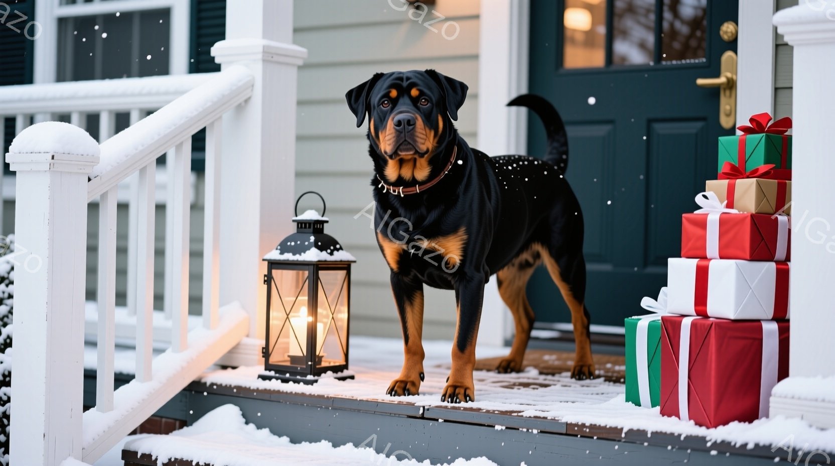 白い雪が降る家の玄関先に、堂々としたローデシアン・リッジバックが立っている。背景には、クリスマスプレゼントの山が積み上げられ、暖かみのある光を放つランタンが置かれている。全体的に、冬の温かく祝祭的な雰 - AI生成フリー素材