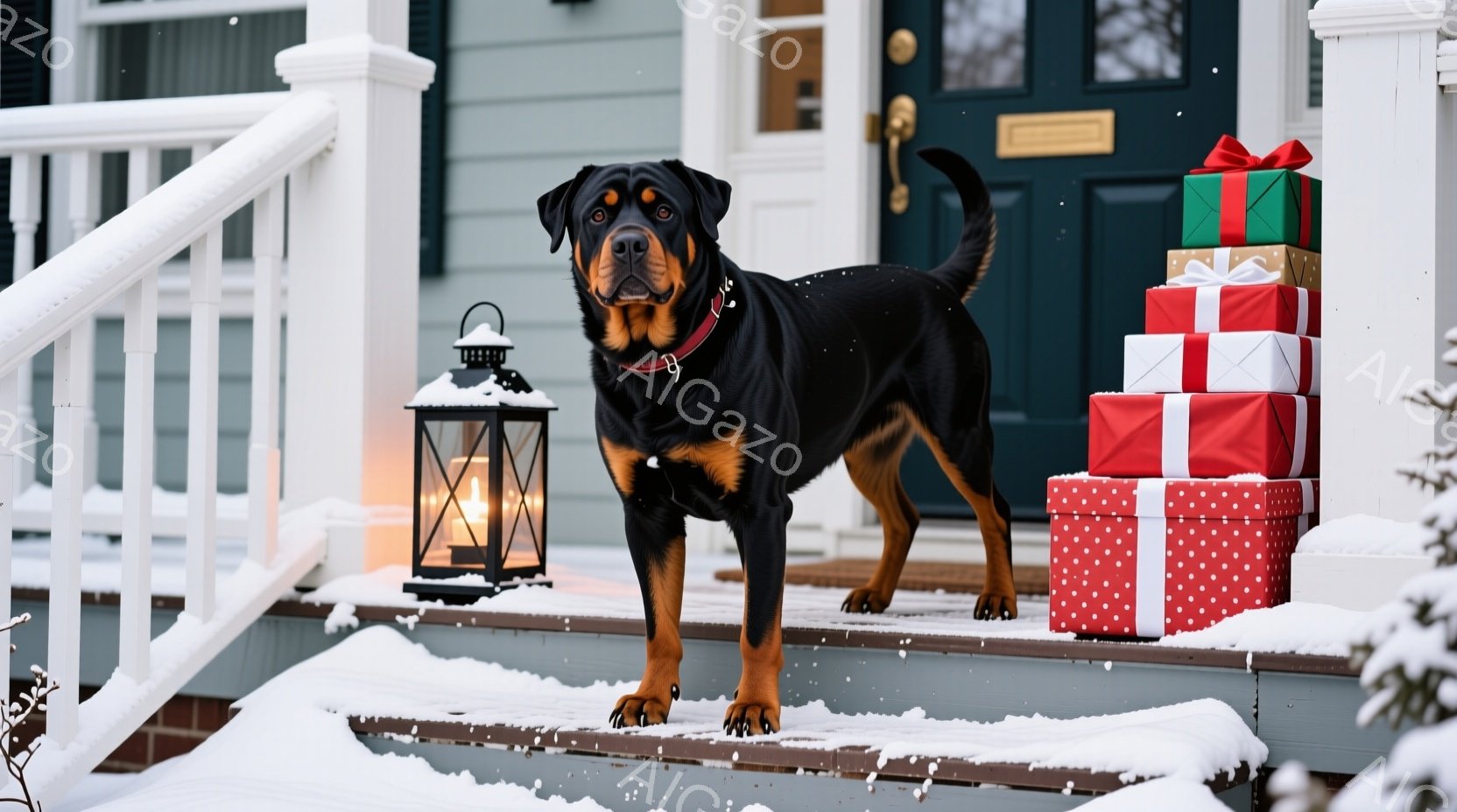 黒褐色の毛並みのドーベルマンが雪積もった家の階段に立っており、赤い首輪をつけて正面を見つめている。背景には、赤と緑の包装紙で飾られたプレゼントの積み重ねがあり、光るランタンが暖かく灯っている。雪が舞う - AI生成フリー素材