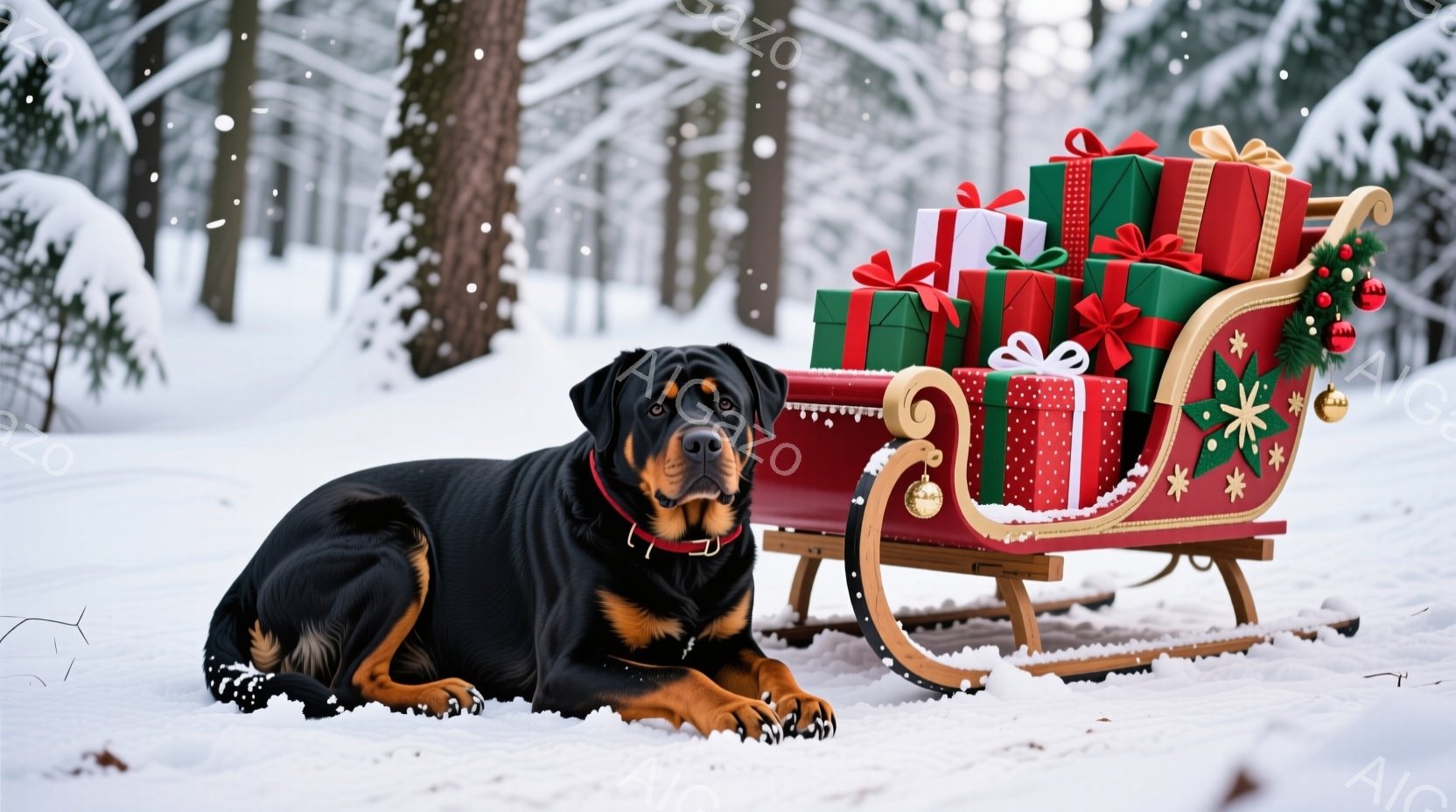 黒い毛並みのロットワイラー犬が雪の上に横たわり、赤いそりに積み上げられたプレゼントを見つめている。そりは緑と赤のリボンで飾られた贈り物でいっぱいであり、雪が舞う冬の森の中に位置している。全体的に、温かく、お祝いの雰囲気で、クリスマスの喜びを表現している。